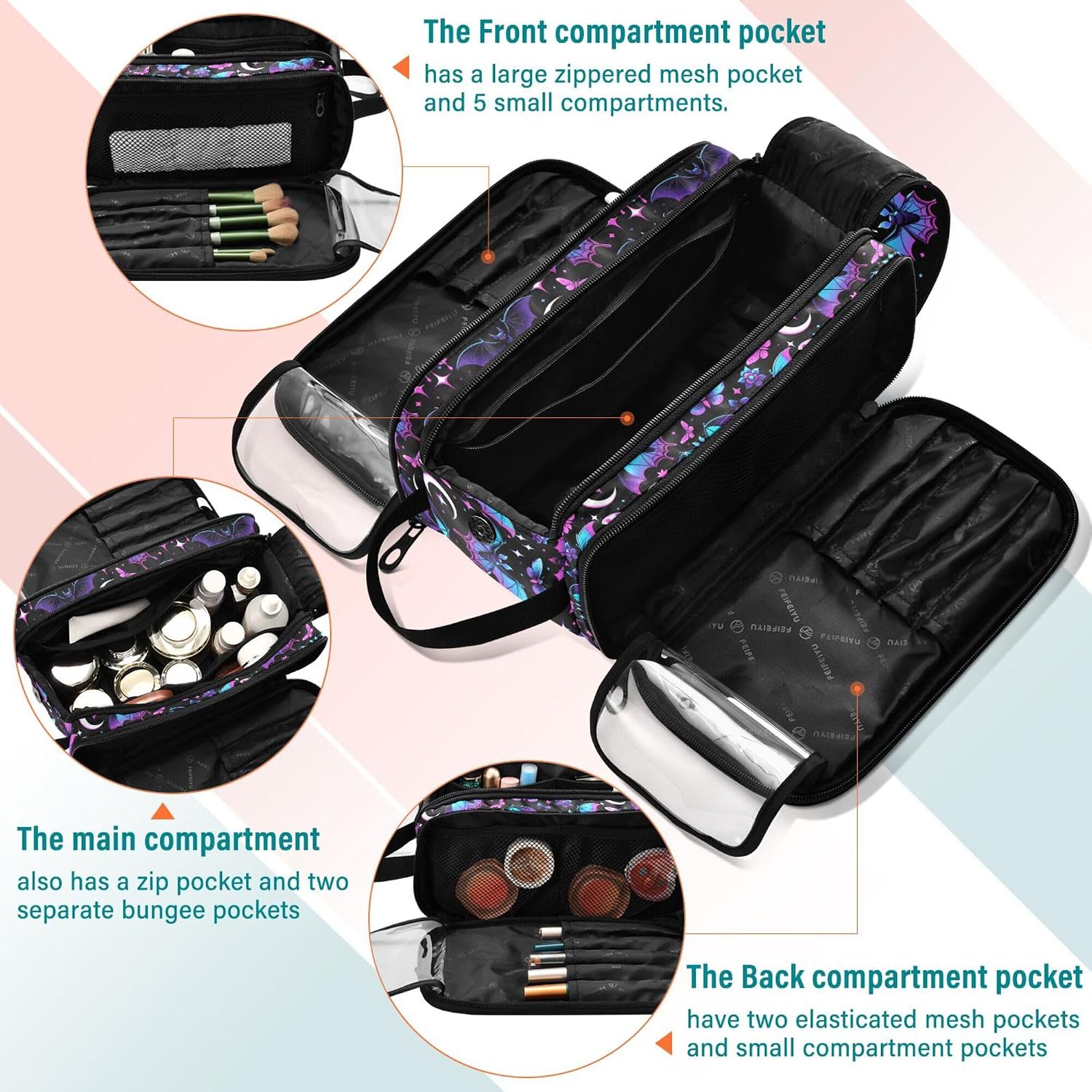 MNSRUU Large Capacity Makeup Bag, Neon Purple and Bats Stars and Moons Cosmetic Bag Portable Toiletries Pouch with Compartments Makeup Organizer Case for Travel Women