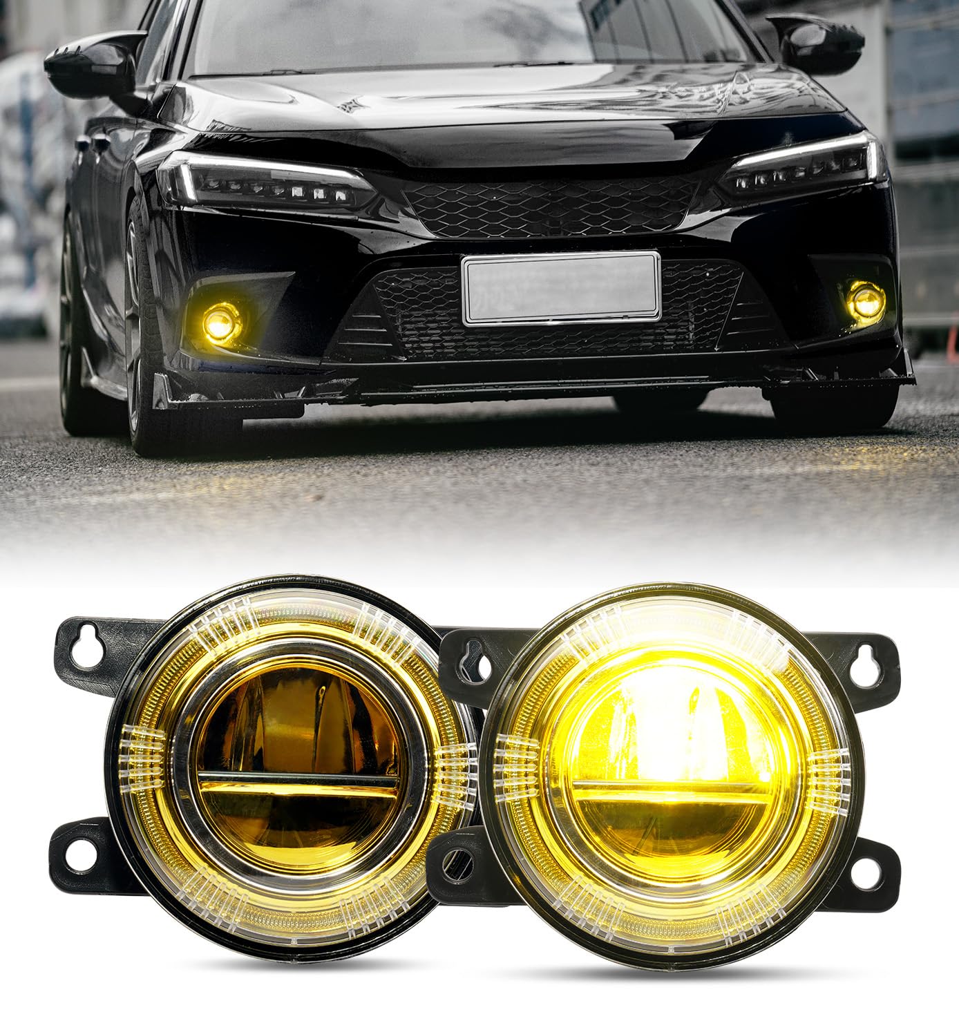 Xprite Amber LED Fog Lights Compatible with Honda Civic 16-21 Sedan FC, Civic 19-21 Hatchback FK7, 13-15 Honda Accord/CR-V, Jeep Cherokee & Compass, Fog Light Assembly Replacement, Amber Lens, 2PCS