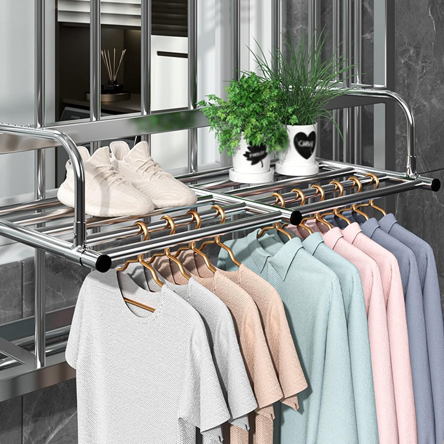 Clothes Horse Clothes Airer Folding Retractable Collapsible Drying Rack,Balcony Drying Rack Shoe Rack,Stainless Steel Laundry Drying Rack for Indoor Outdoor and The Balco,Silver 87 160cm