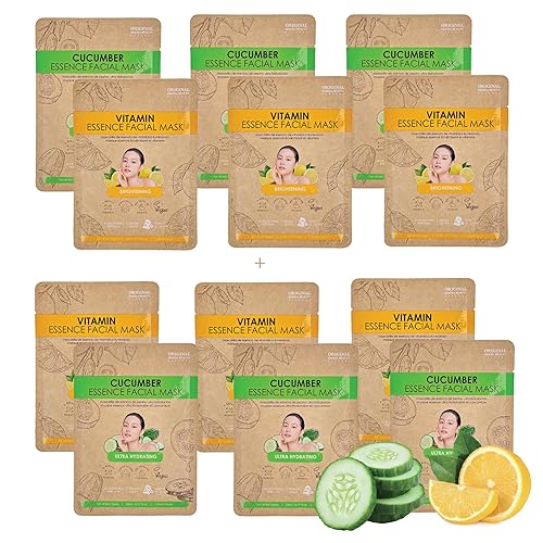 Paquete de 12 máscaras faciales veganas para el cuidado de la piel, coco, aloe, vitaminas, pepino, máscara facial coreana para el cuidado de la piel