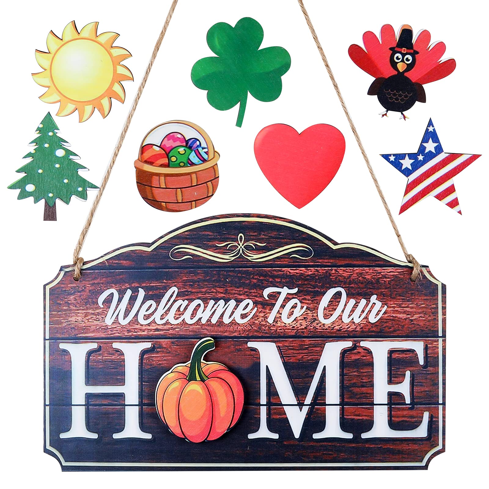 ORNOOU Interchangeable Home Sign, 8 Seasonal Welcome Sign for Front Door, Door Sign with Interchangeable Holiday, Door Hanging Decoration for Porch Fall Christmas Easter Thanksgiving