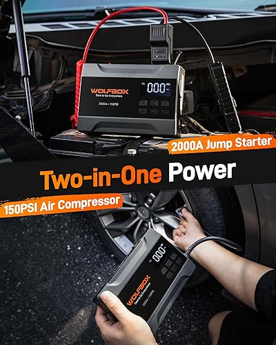 Miniatura 2 de WOLFBOX Arrancador de salto de 2000 A con compresor de aire, batería de coche de 10000 mAh arrancador portátil (hasta 5 L de gasolina) con inflador