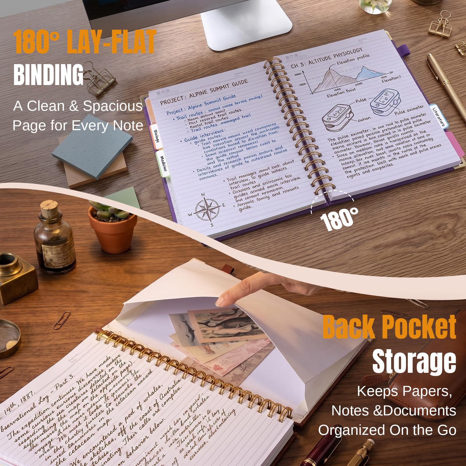 Cuaderno de 5 asignaturas con separadores extraíbles, cuaderno en espiral de 8.5 x 11 pulgadas, rayas universitarias, 300 páginas, diario de cuero de tapa dura para mujeres y hombres, cuadernos de
