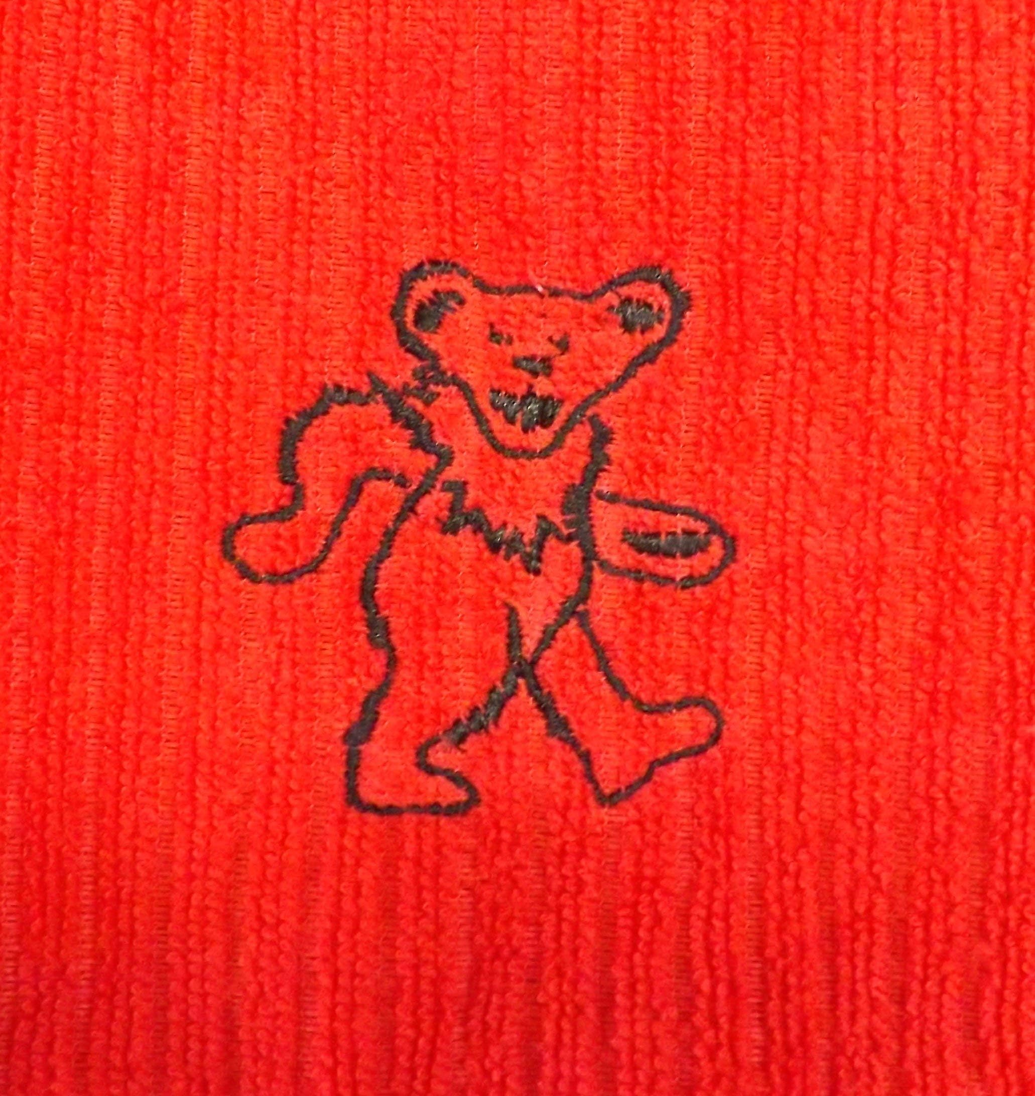 Kitchen Towel with an Embroidered Dancing Bear - Red and Black