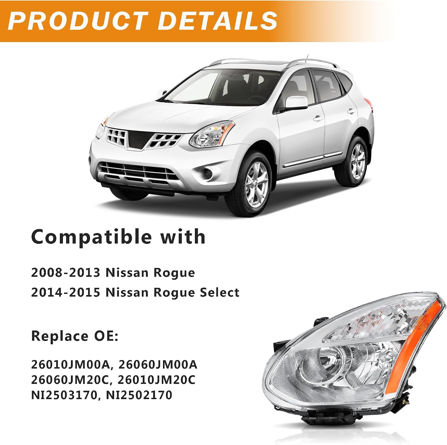 For 2008 2009 2010 2011 2012 2013 Nissan Rogue 2014 2015 Select Headlights Assembly Replacement Halogen Headlamp (Not for HID Model)
