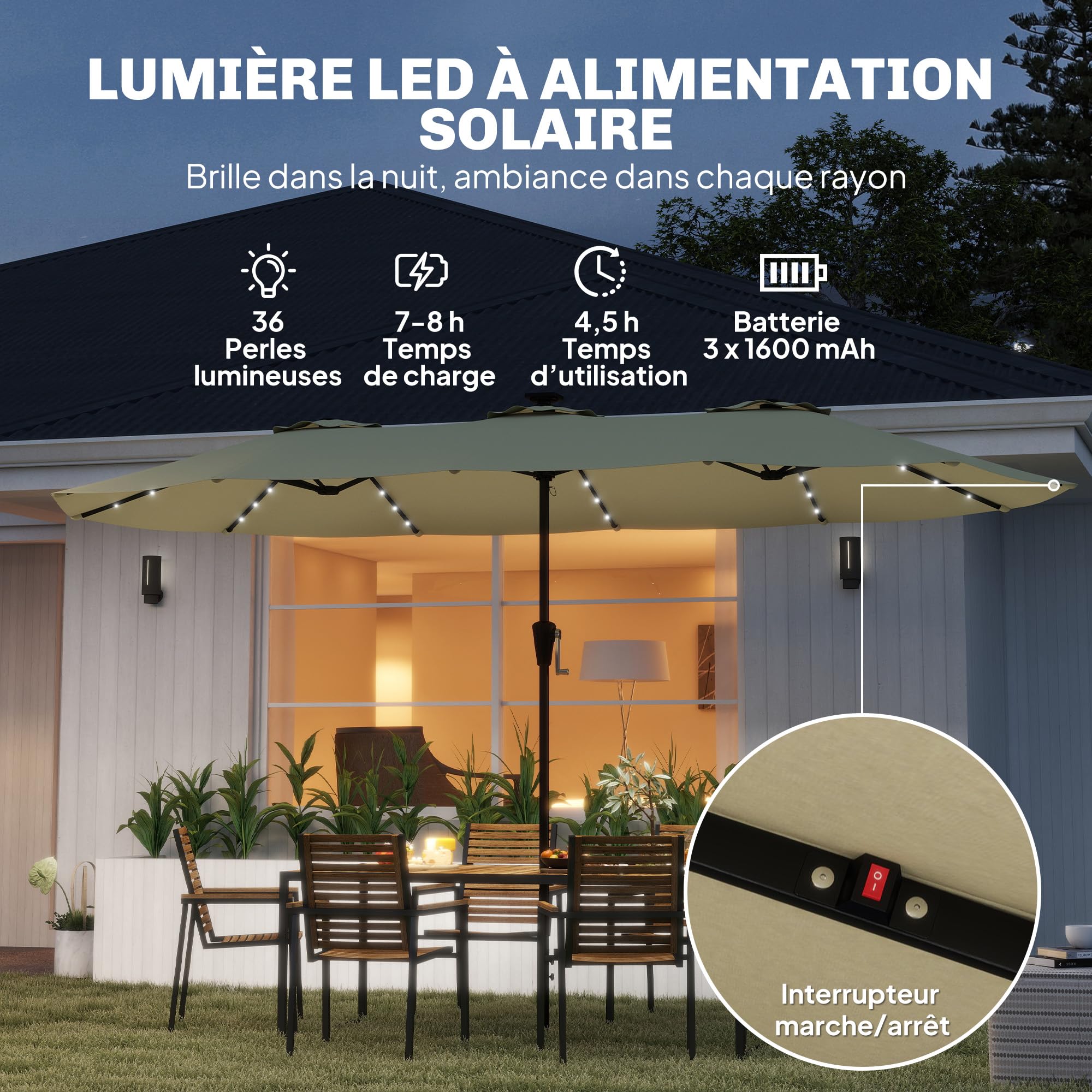 Outsunny Ombrellone da giardino doppio con 36 LED solari – grande ombrellone XXL rettangolare 395 x 215 cm UPF 50+ – Struttura a 12 balene con manovella per terrazza, balcone e campeggio, beige