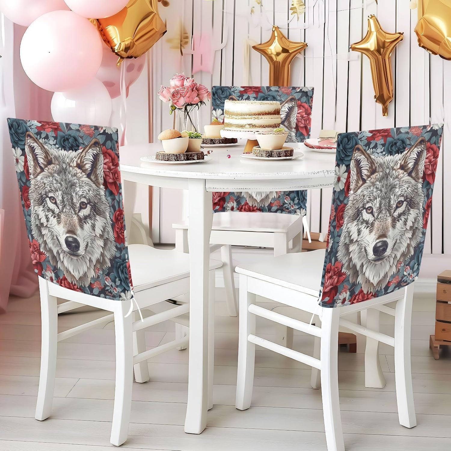 ALAZA Wolf and Floral Chair Back Cover Set of 6, Washable Reusable Removable Chair Slipcovers Decorative Chair Cover for Home Kitchen Wedding Party