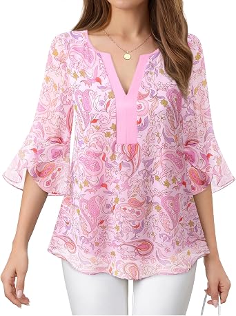 VALOLIA Women Dressy Casual Tops 3/4 Sleeve Summer Boho Floral Chiffon Blouses V-Neck Work Shirts