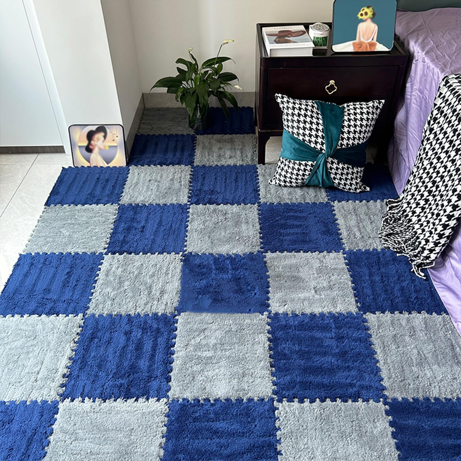 60 Piezas De Tapetes De Espuma Esponjosa, Tapetes De Juego con Borde, Cuadrados De Tapete De Juego Entrelazados, Mosaicos De Alfombra De Rompecabezas De Felpa, 1 X 1 Pie (Azul Marino + Gris 0,39 Pulg