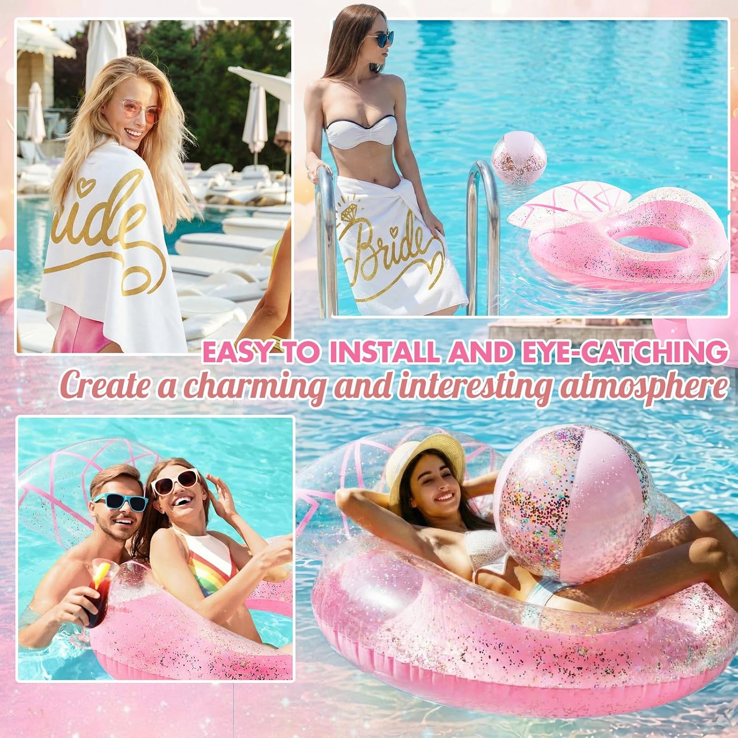 Realspring 3 Pcs Bachelorette Pool Float Set for Bride, Inflatable Glitter Heart Shaped Diamond Ring Bride Pool Float with Towel & Beach Ball, Bridal Shower Party Decorations