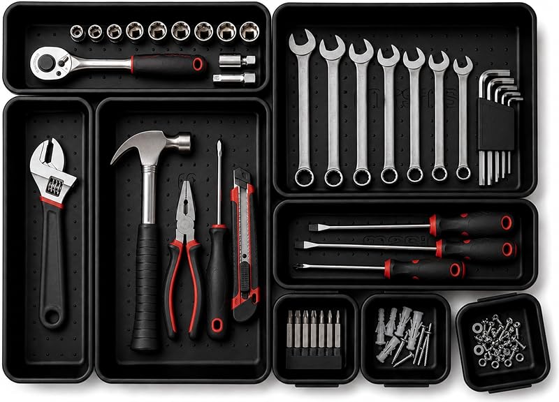 Interlocking Drawer Organizer Bins 8 Pcs, Desk Drawer Tray Set | Tool Box Organizer Tray, Kitchen Office Garage, Modular Plastic, 3 Sizes (2 Lg 3 Med 3 Sm), Black, Custom Layout