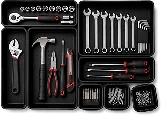Interlocking Drawer Organizer Bins 8 Pcs, Desk Drawer Tray Set | Tool Box Organizer Tray, Kitchen Office Garage, Modular Plastic, 3 Sizes (2 Lg 3 Med 3 Sm), Black, Custom Layout