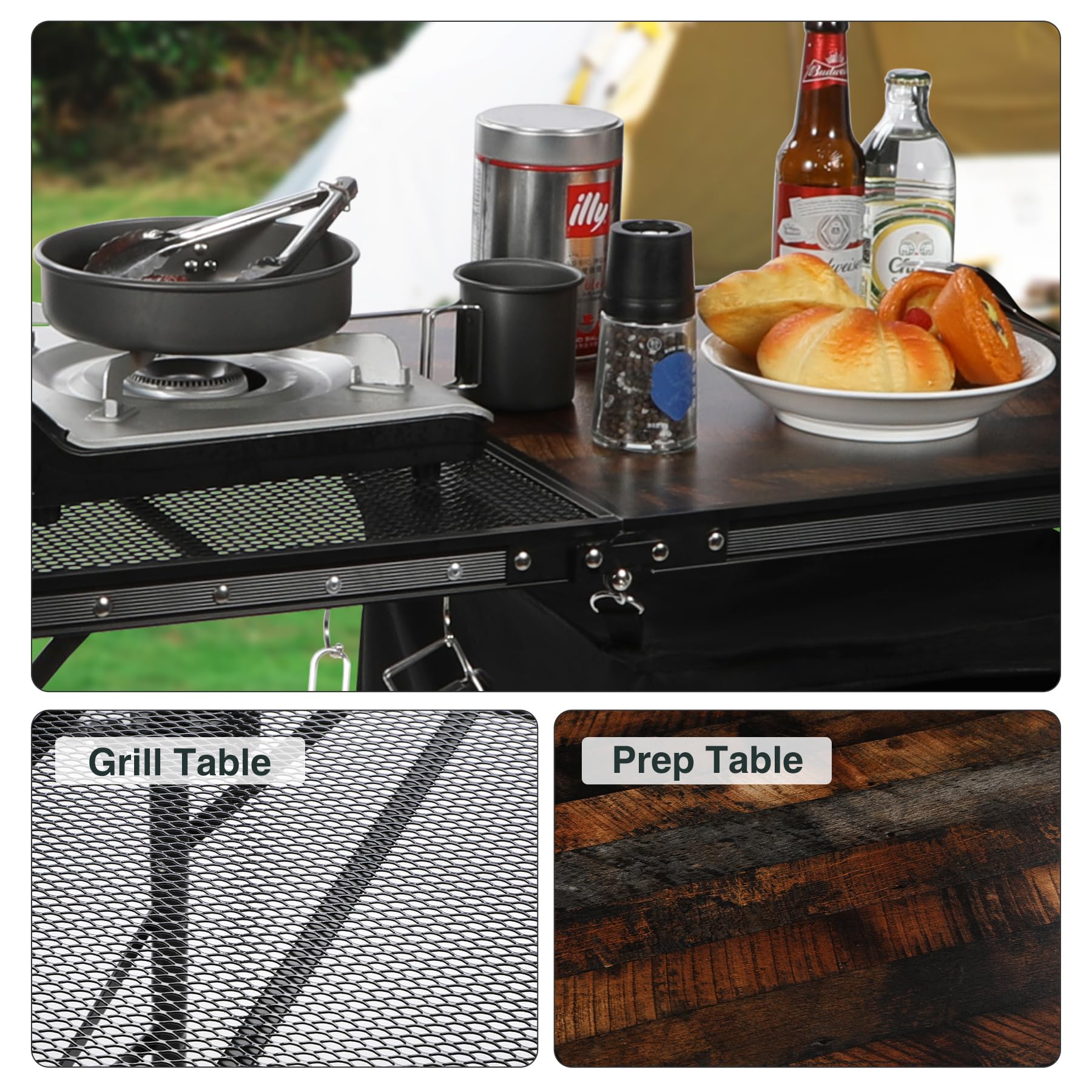 REDCAMP Portable Camping Kitchen Table, 3ft Folding Camping Grill Table with Storage Organizer and Telescoping Light Stand, Outdoor Cooking Station for BBQ, Party and Picnic