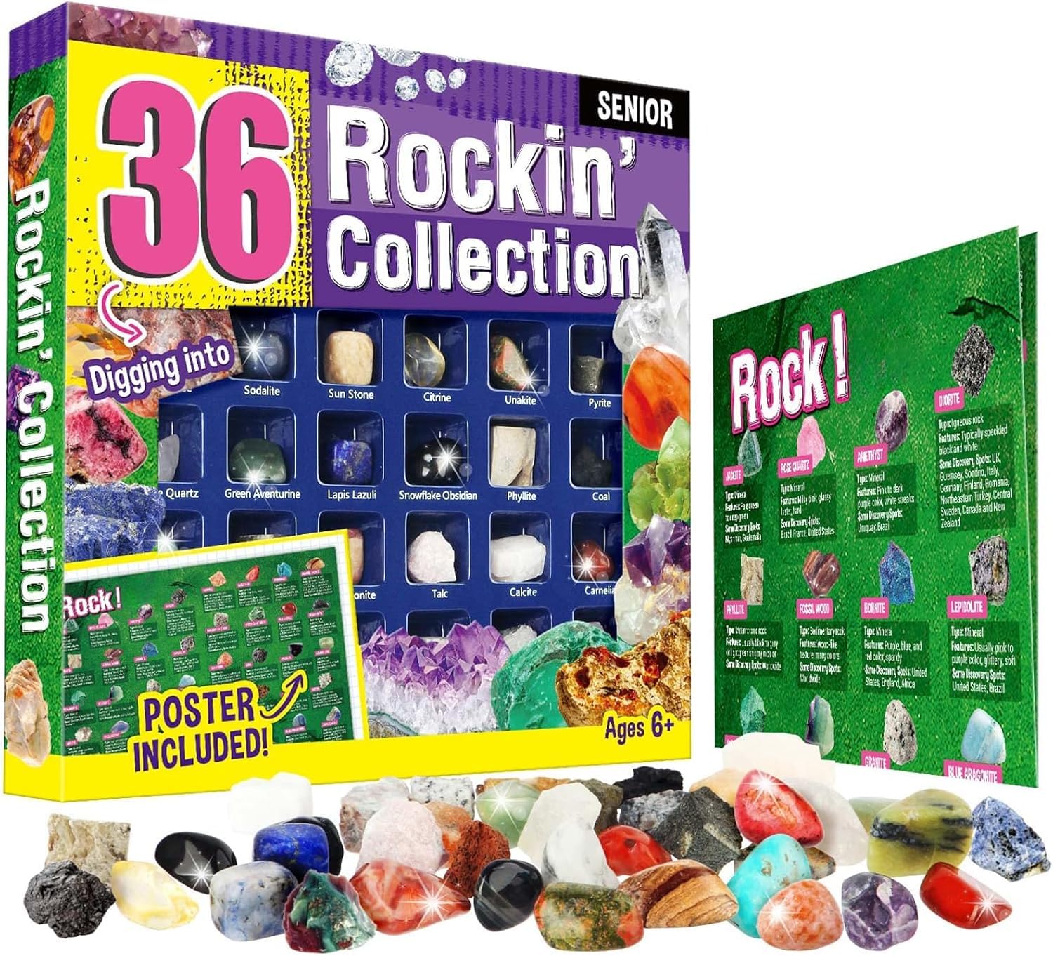 Eggbox 鉱石標本36種セット 天然鉱石＆鉱物標本 宝石おもちゃ 岩石コレクション 地質科学キット 子供向けギフト・クリスマスプレゼントに最適 鉱物学習教材付き