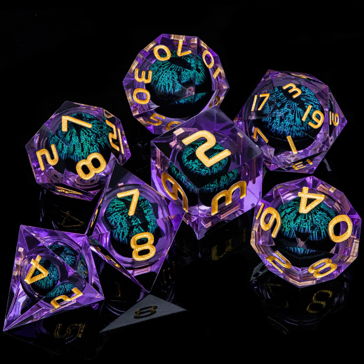 ARUOHHA Dragon Eye DND - Juego de dados de resina verde púrpura con bordes afilados, juego de rol RPG, núcleo líquido poliédrico D y D, juego de dados D20 D12 D10 D8 D6 D4