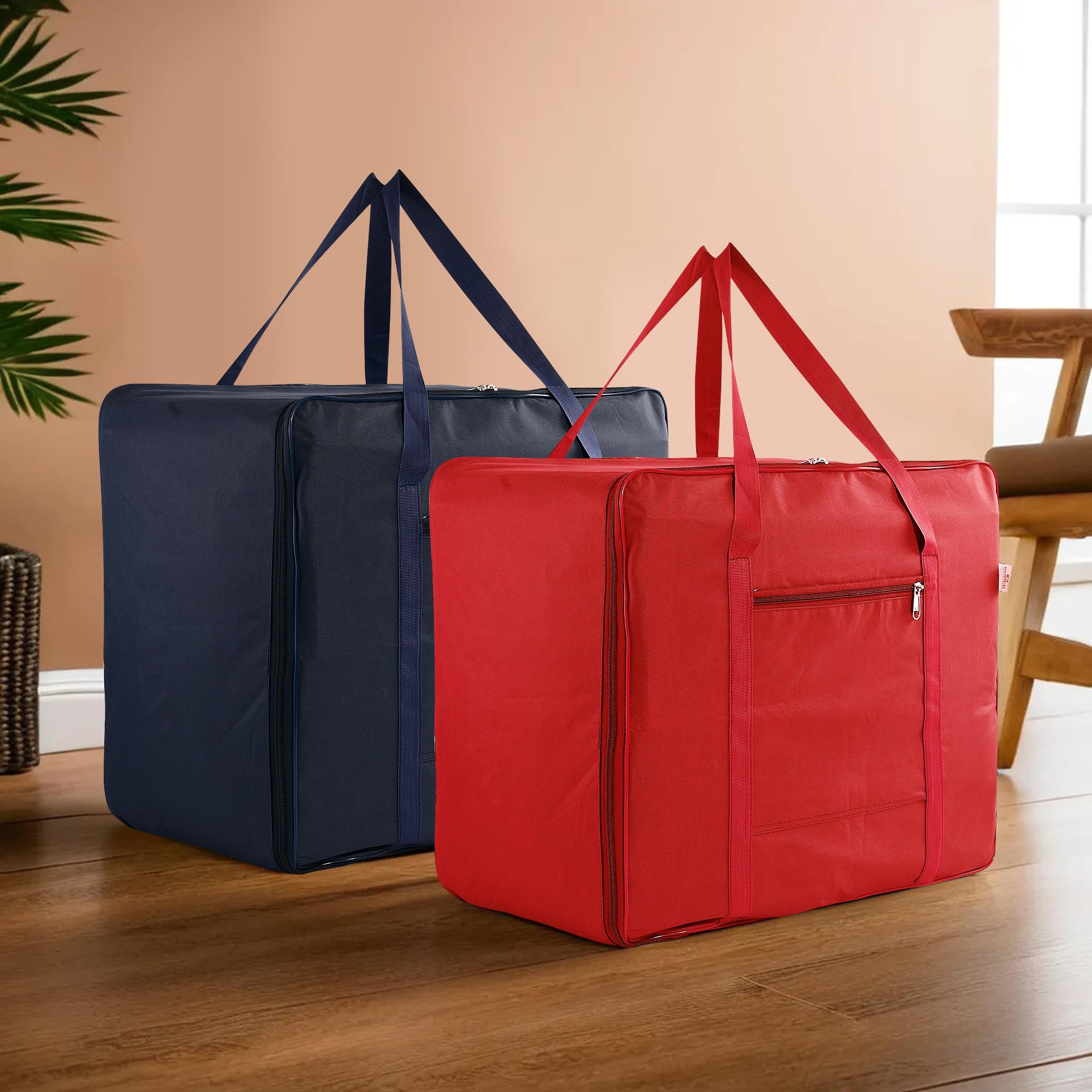 Kuber Industries Set of 2 Storage Bag | Clothes Storage Bag | Rexine Underbed Storage Bag | Wardrobe Organizer for Blanket-Comforters | Attachi Bag with Handle | Large | Navy Blue & Red-image-7