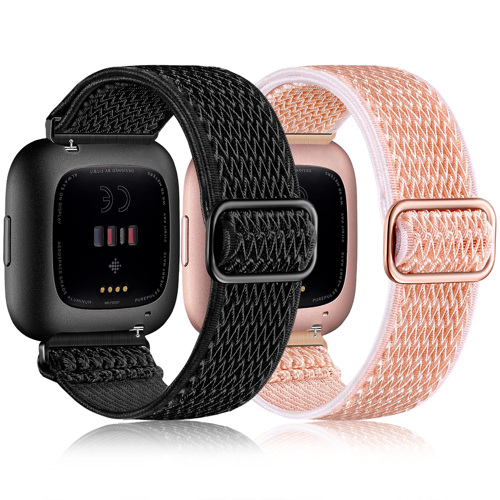 FuledaFuleda Compatible with Fitbit Versa 2 Band Women Men Elastic, 2Pack Soft Nylon Breathable Sport Bands for Versa/Versa 2/Versa Lite/SE Smartwatch Adjustable Loop Stretchy Wristband, Black & Pinksand