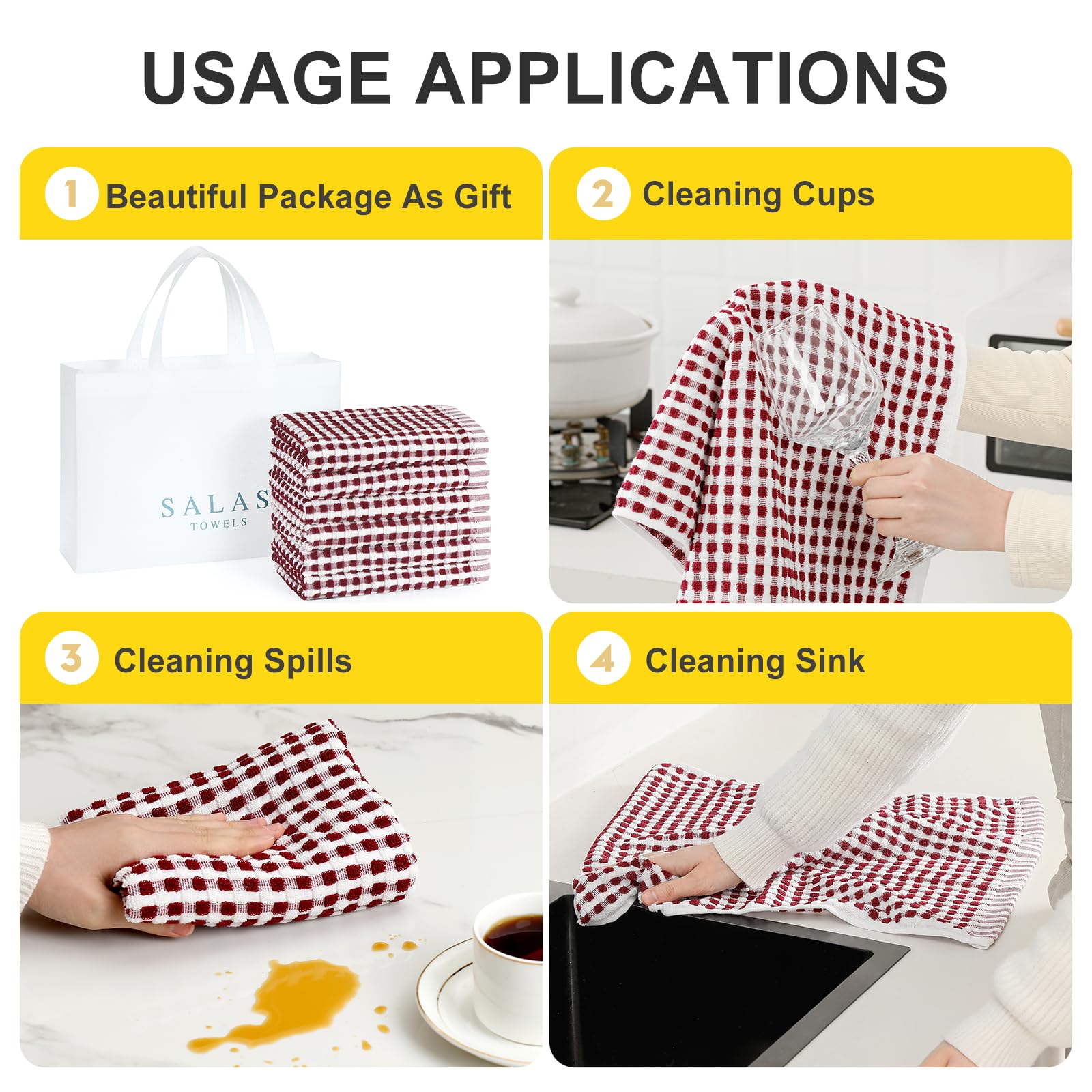 SALAS Paños de cocina de algodón para secar platos de cocina, paños de cocina de rizo de celosía, paños de cocina altamente absorbentes con lazo para colgar, 16 x 26 pulgadas, 6 paquetes, color rojo