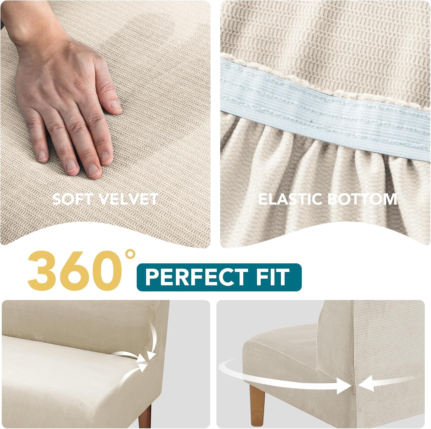 Turquoize Stretch Futon Slipcover Thick Velvet Armless Futon Bed Cover Furniture Protector Without Armrests with Elastic Bottom for Kids, Soft Jacquard Fabric, Ivory