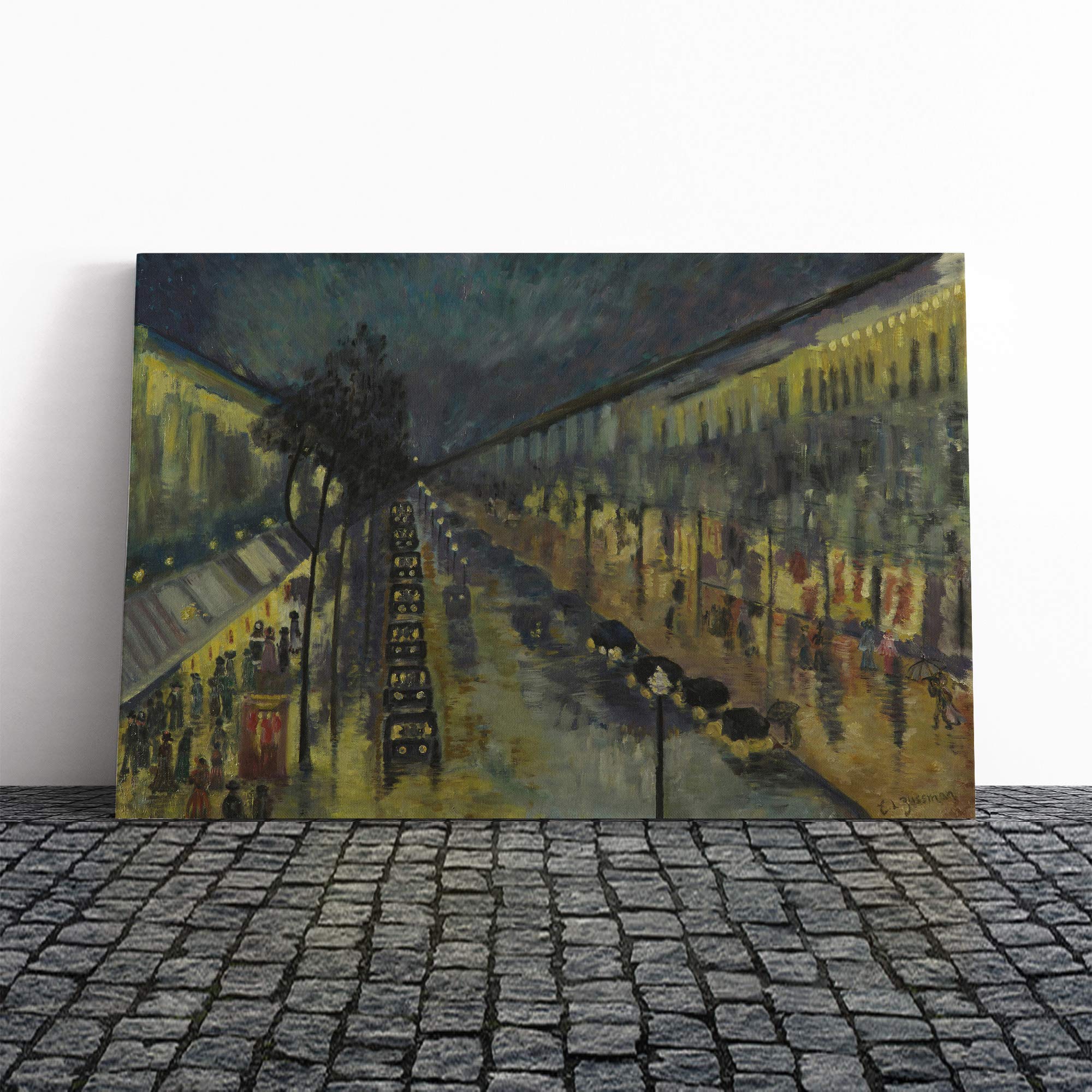 Camille Pissaro Paris, The Boulevard Montmartre at Night Canvas Print | Gallery Wrapped 30mm Frame Wall Art | 24x16 inches | Ready to Hang | Contemporary Picture | Living Room Bedroom Lounge Office