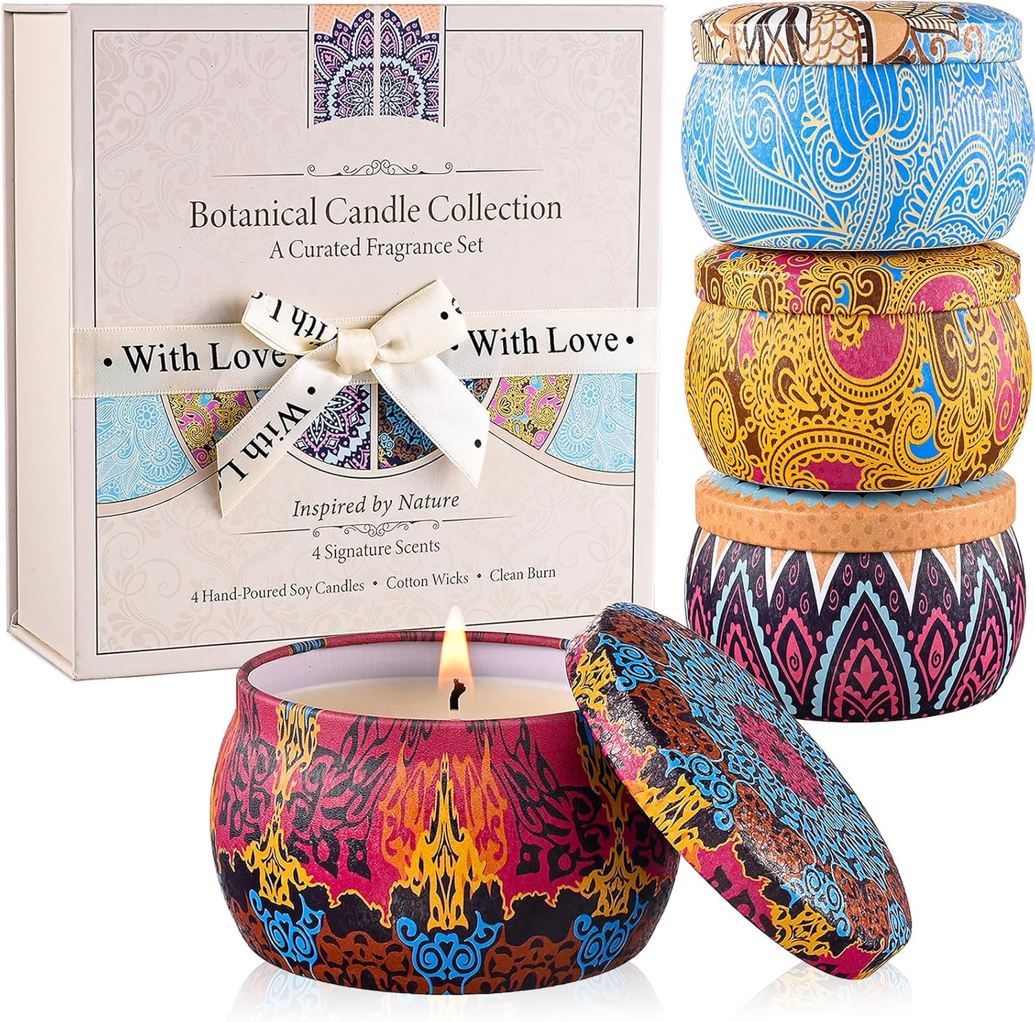Duftkerzen Geschenkset, Sojawachs Kerzen, Blumige Duftkerzen im dekorativen Boho-Döschen, Geschenk für Frauen, Geburtstag, Einzug YINUO LIGHT, Rot Lila Orange Blau 1
