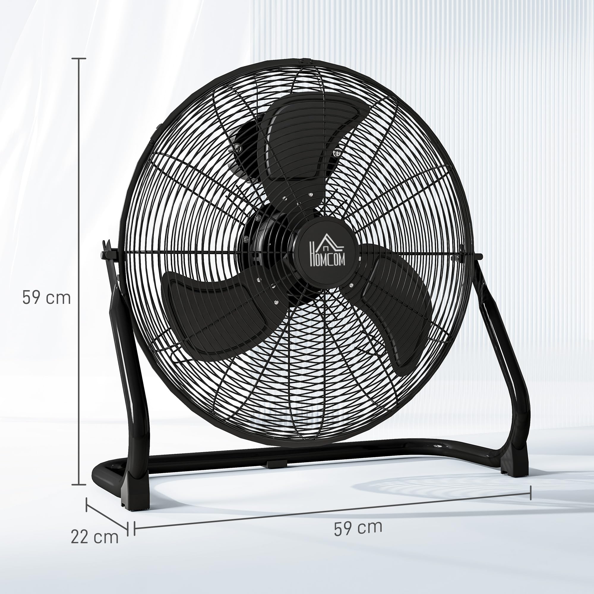HOMCOM Ventilateur de Sol Ø59 cm Ventilateur Industriel sur pied 120 W avec 3 vitesses et inclinaison réglable à 120° en Métal pour chambre bureau Noir