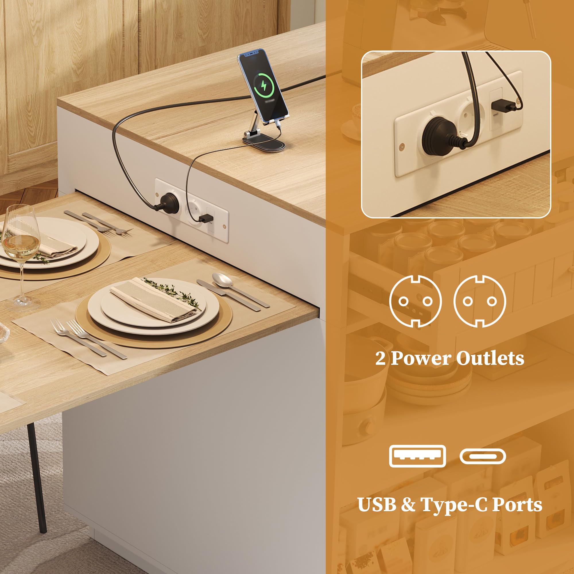 Mobile a isola da cucina, tavolo da bar allungabile con spazio e ruote, mobile da cucina con cassetti e mensola, 121,5-192 x 70 x 92 cm, bianco