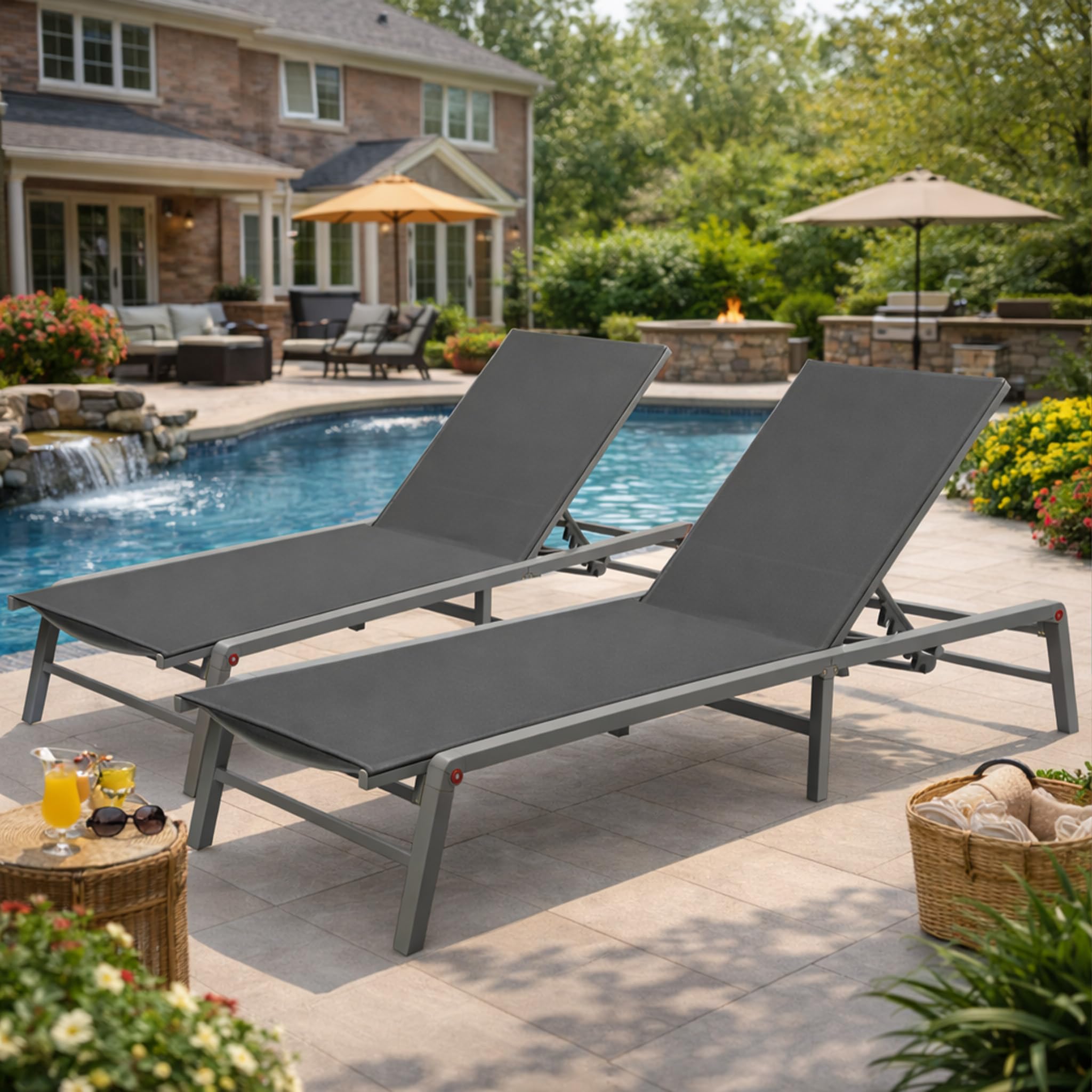 Kozyard 2-Pack Outdoor Lounge Chairs, Foldable Aluminum Frame Patio Chaise Lounge with 5-Position Adjustable Backrest, Assemble-Free, Breathable Textilene Fabric for Poolside Beach (Gray, No Table)
