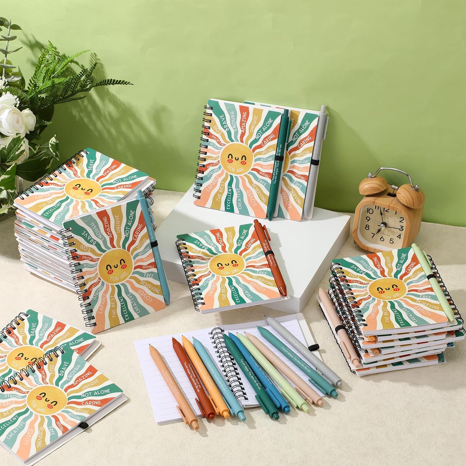 Thenshop 80 Pcs Team Employee Appreciation Gifts Bulk: 40 Mental Health Wellness Journals & 40 Self Care Pens for Women Coworker Office Staff Social Worker Healthcare Docotor Nurse (Sunshine)