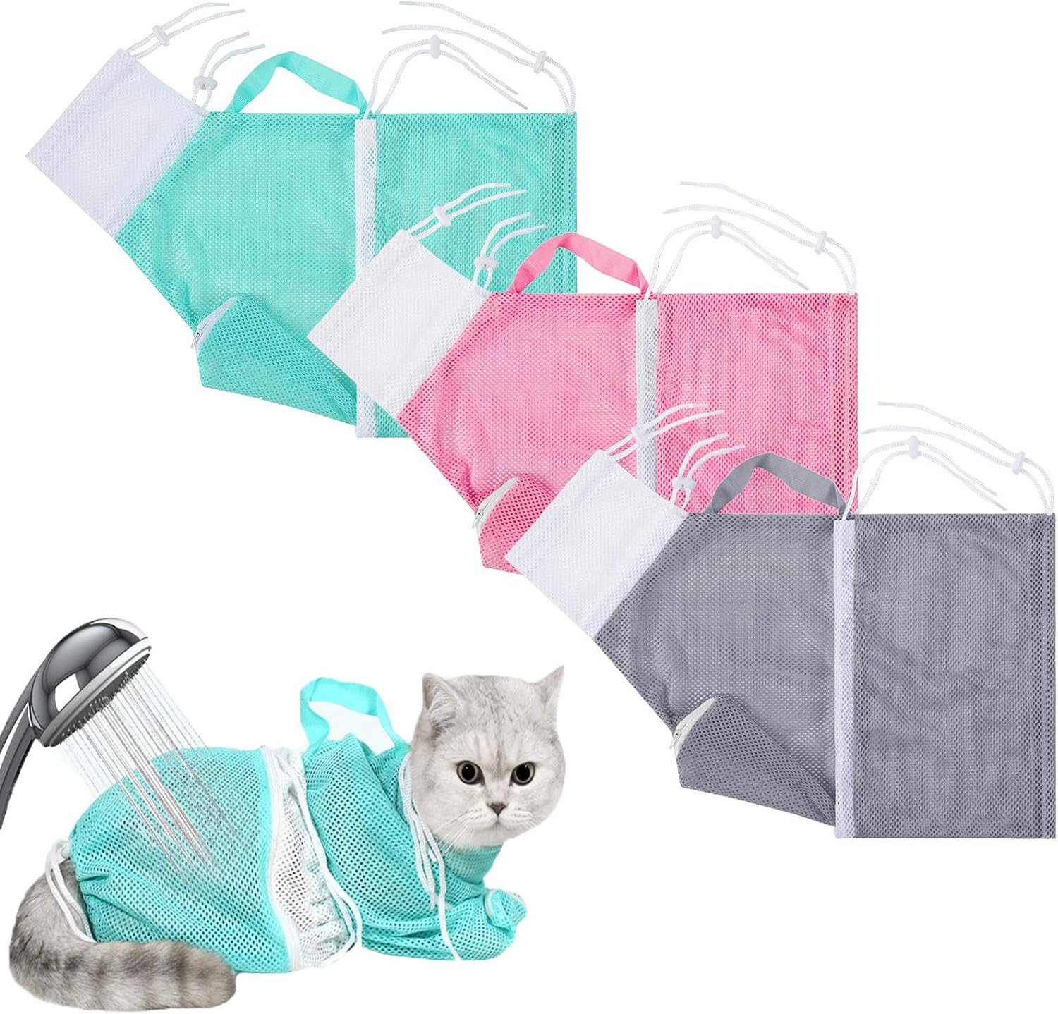 9108TDCQ Cat Mesh Bathing Bag, Adjustable Multifunctional Breathable Cat Grooming Bag Polyester Cat Shower Bag Cat Restraint Bag for…