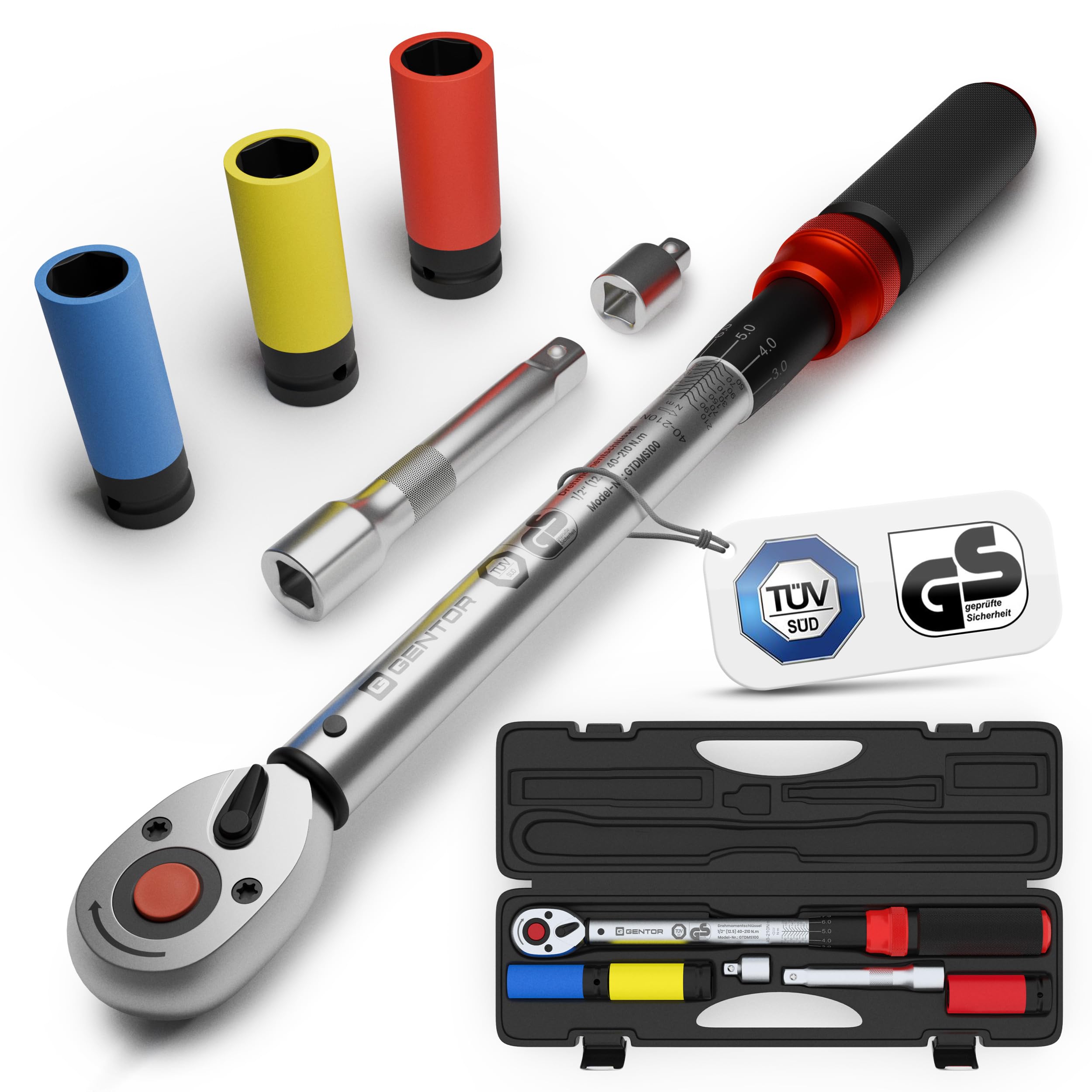GENTOR Drehmomentschlüssel 1/2 Zoll 40–210 Nm – TÜV & GS geprüft – Ratsche mit Klick-Signal – Set inkl. Nüssen & Koffer für Auto, Motorrad & Reifenwechsel