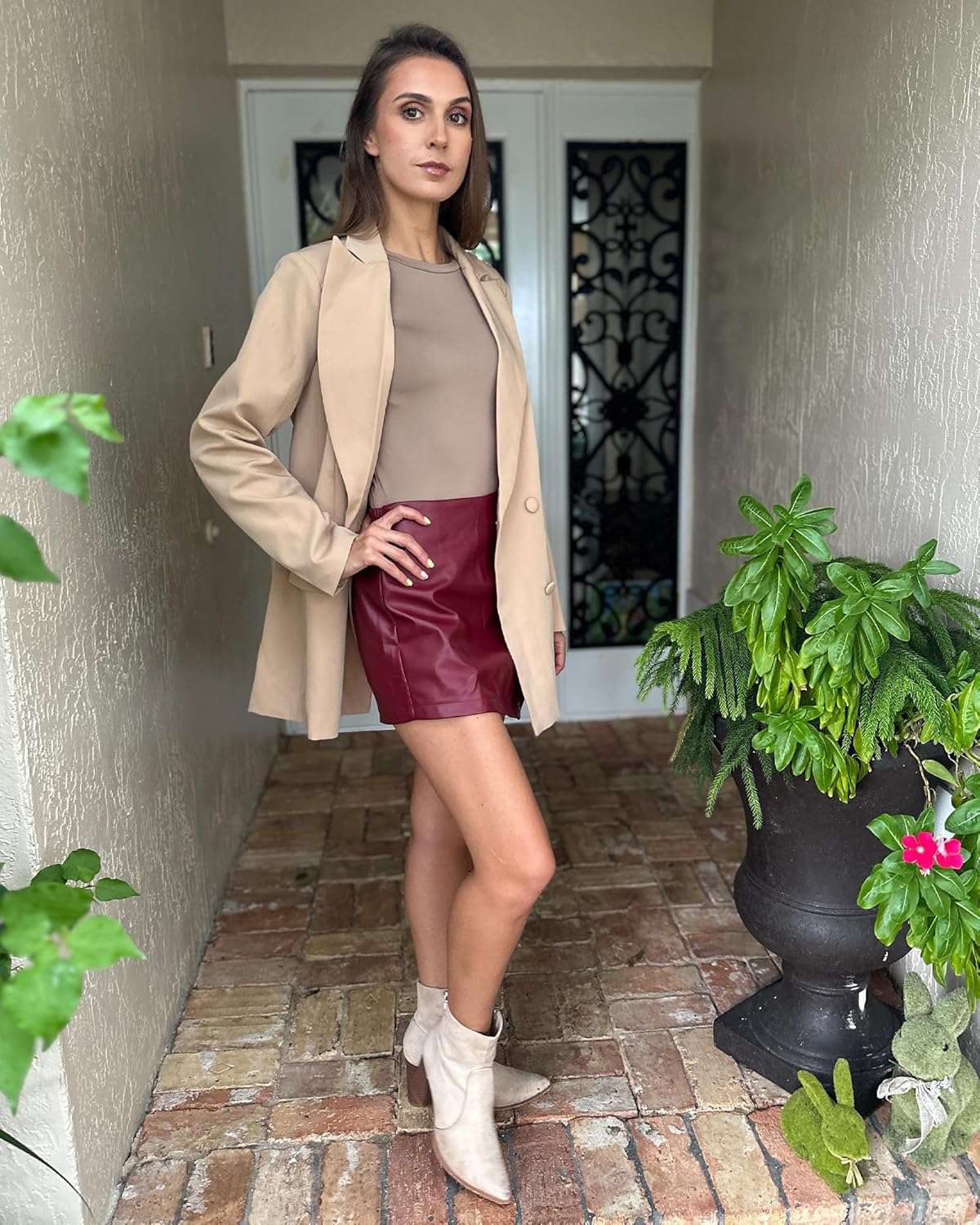 luvamia Shorts for Women Faux Leather Skorts High Waisted PU Leather Shorts Elastic Waist Ruched Wrap Skorts Skirts - Image 8