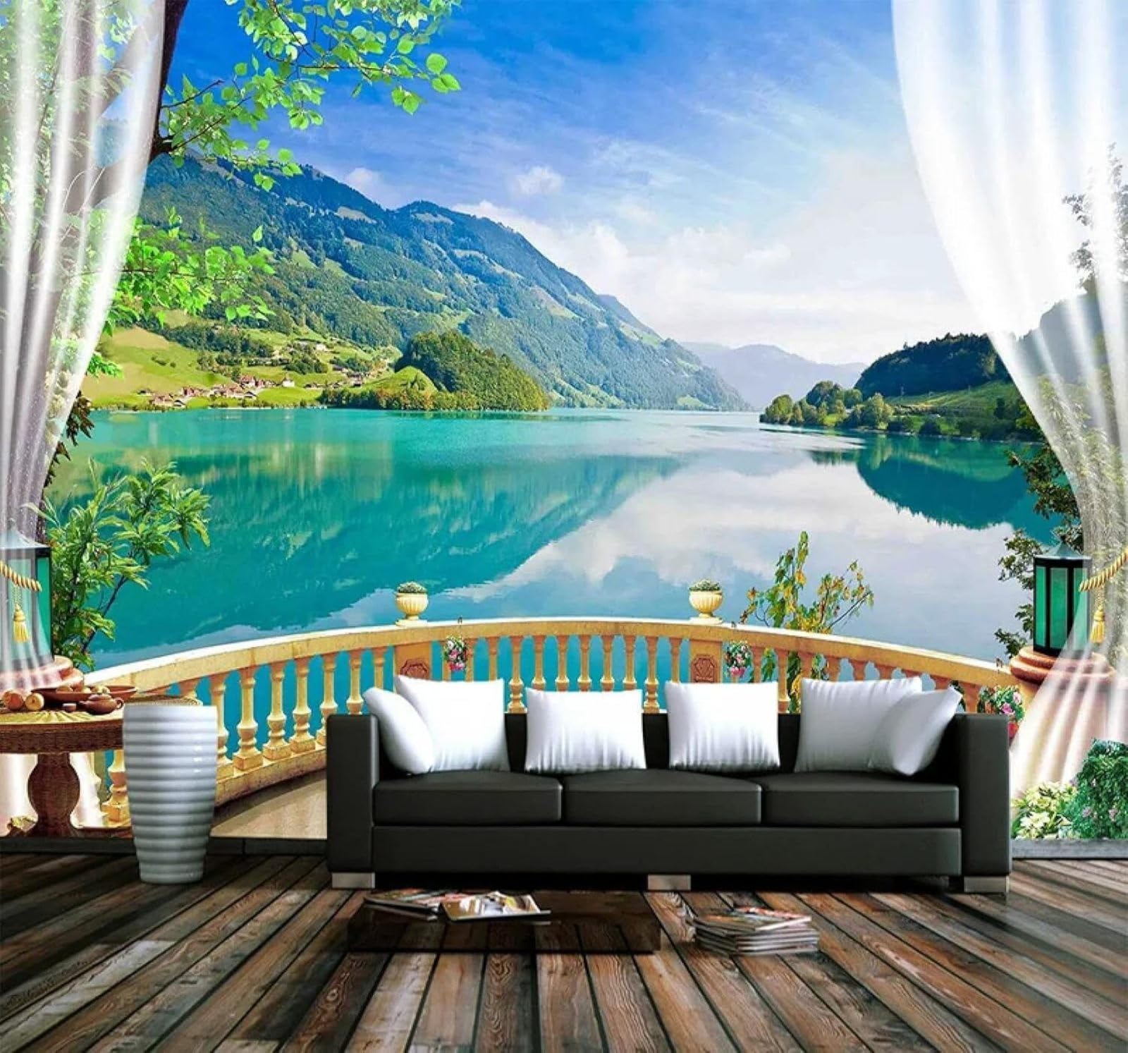 Tzxztt 300Cm×210Cm(B×H) Balcony Window Blue Sky White Clouds Lake View Modern 3D Wallpaper Premium Textured Silk Neutral Tones Material Ideal For Living Room Bedroom-300Cm×210Cm
