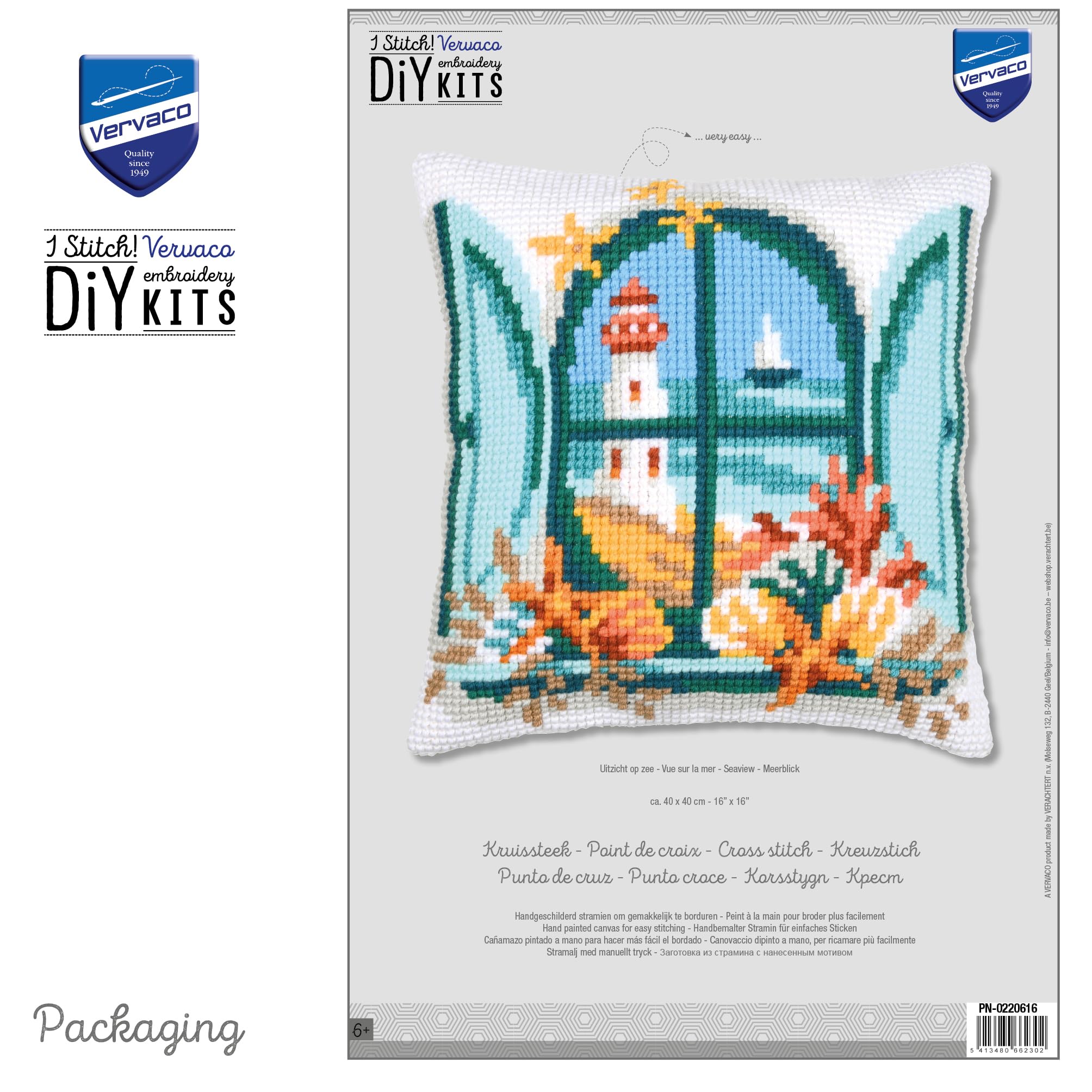 VERVACO Zestaw do Haftu Krzyżykowego Poduszka WIDOK NA MORZE Kanwa z Nadrukiem 40 x 40 cm Gruba Włóczka Akrylowa Zrób to Sam Dekoracja Domu DIY Cross Stitch Kit