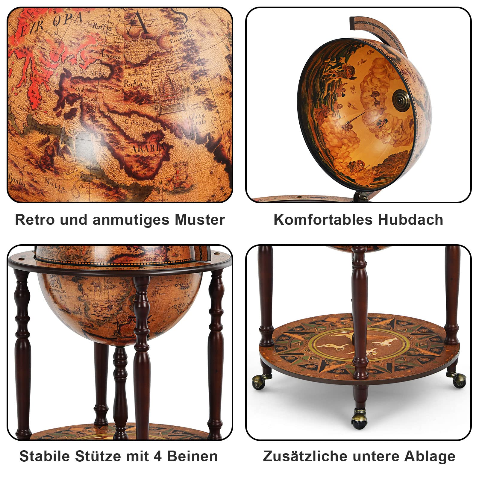 COSTWAY Globusbar Barschrank, Barwagen mit Rollen & Deckel, Hausbar Servicewagen Weltkugel,  Globus Weinregal Weinschrank für Flaschen, Tischbar Minibar für Küche Wohnzimmer Esszimmer