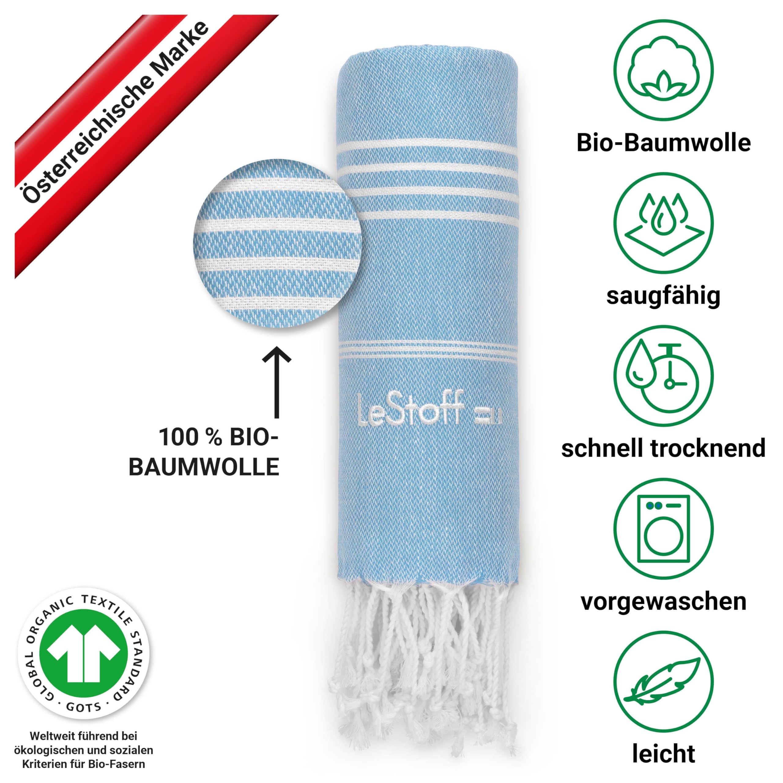 LeStoff 2er-Set Hamamtuch 95 x 180 cm 100% Bio-Baumwolle Saugstark Schnelltrocknend Reisehandtuch Badetuch Saunatuch Strandtuch Hellblau Olive