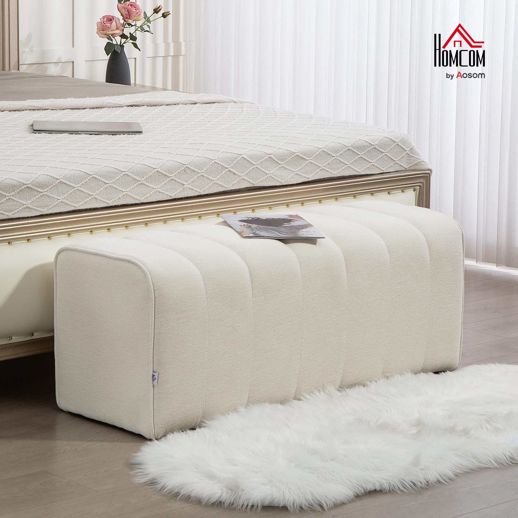 HOMCOM Banc Bout de lit, Banquette rembourrée, Style Moderne, 110 x 40 x 44 cm, Ottoman en Tissu Aspect Lin, Charge jusqu'à 220 kg, Repose-Pieds pour Chambre, Couloir, Salon, crème