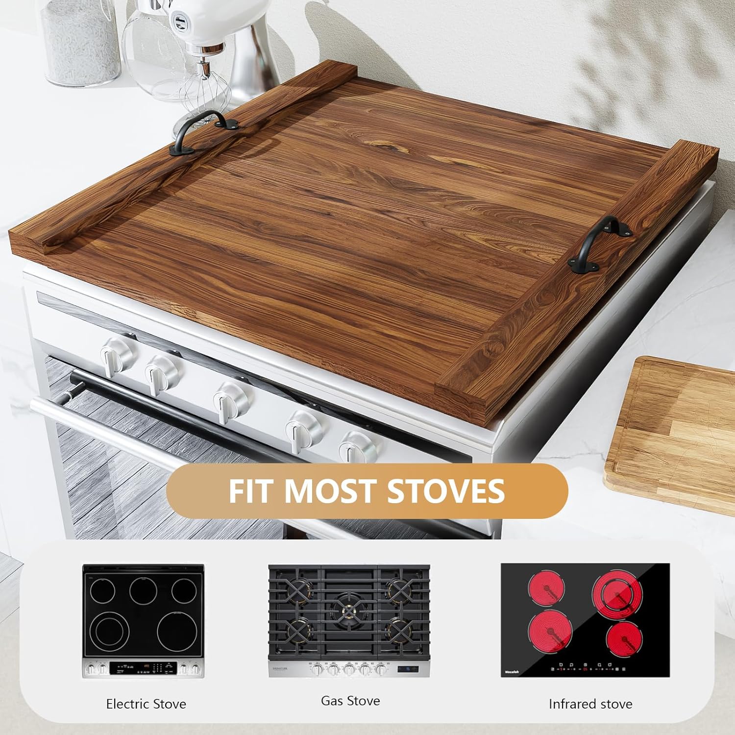 Noodle Board Stove Cover with Handle Wooden Stove Top Cover Board 29.5x22" for Electric Gas Stove Burner, Glass Range Stovetop Cover