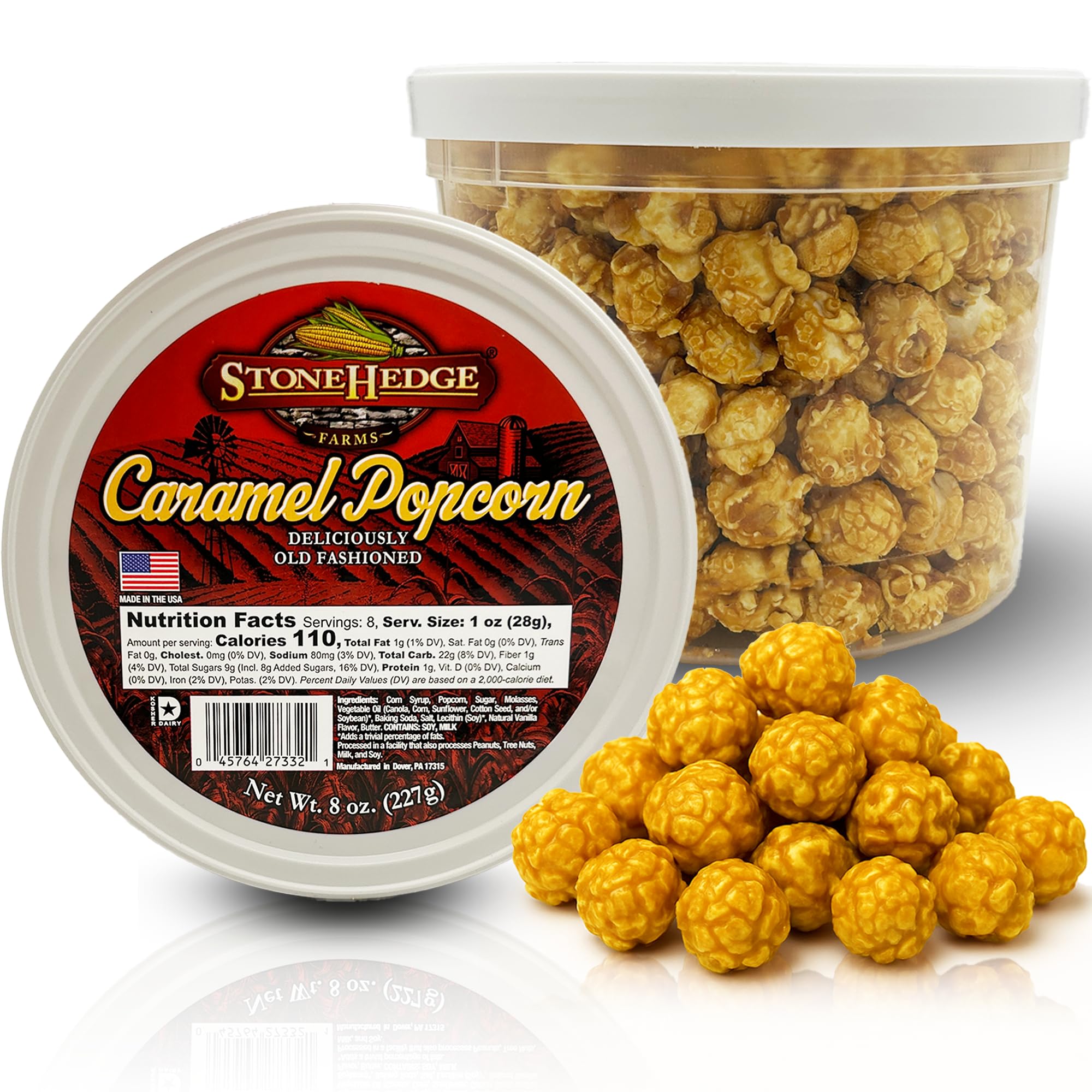 Stonehedge Farms Caramel Flavored Popcorn - 8 oz Tub - Bulk Gourmet Deliciously Old Fashioned Popped Sweet Snacks - Made in the USA
