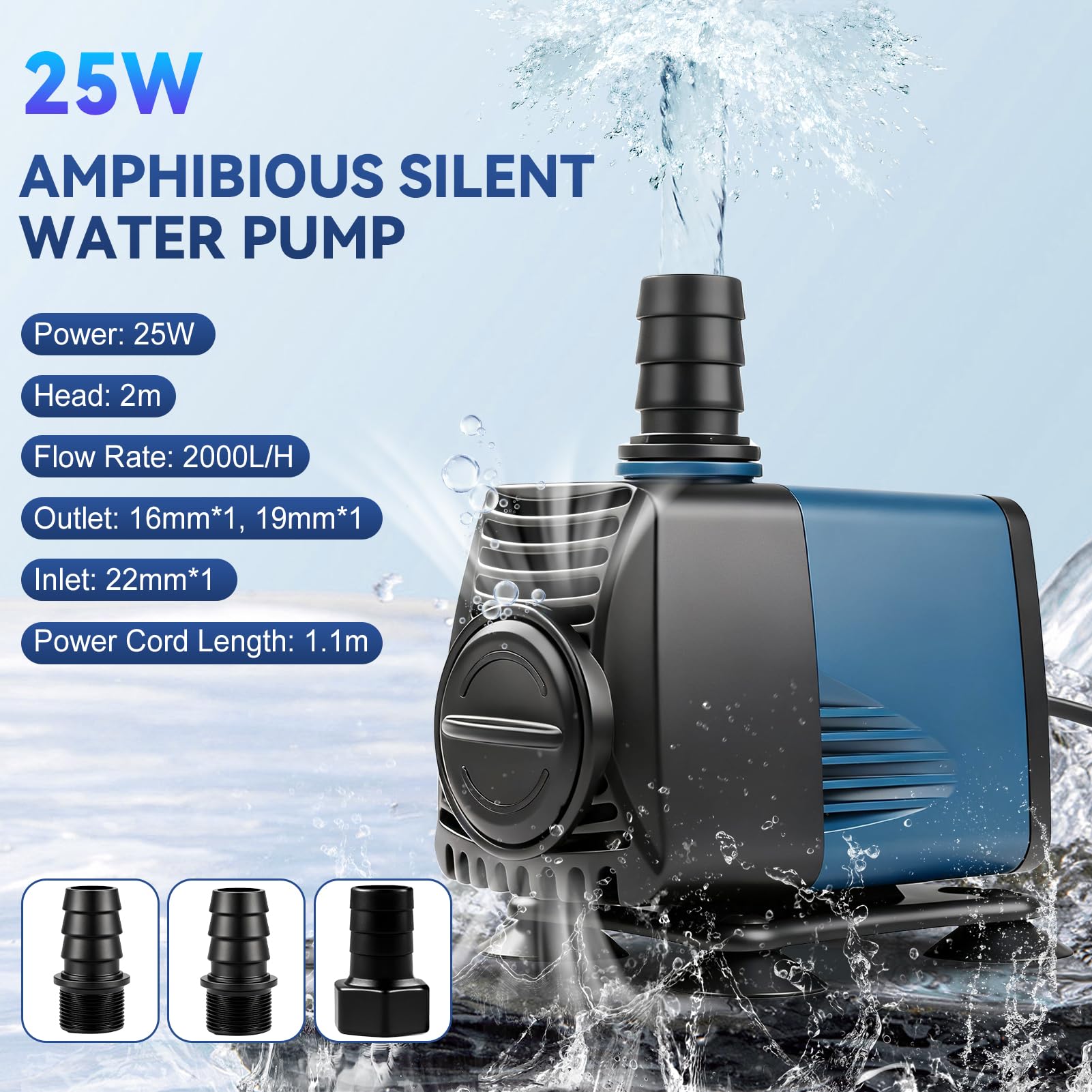Nikou Kompaktowa i cicha pompa zatapialna 25 W 2000 l/h - Pompa do zbiornika wodnego - Pompa do filtrowania - Pompa strumieniowa do użytku zarówno w wodzie jak i na lądzie