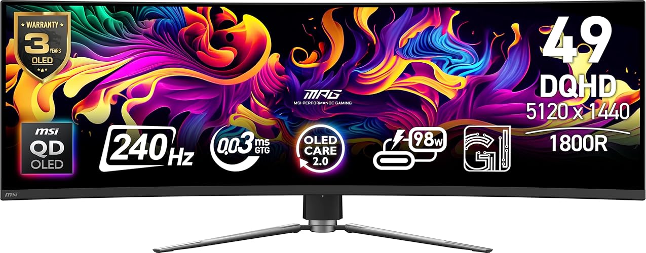 MSI MPG 491CQPX QD-OLED 49-inch QD-OLED 5120 x 1440 (DQHD) Computer Monitor, 240Hz, Adaptive-Sync, HDMI, Display Port, VGA Port, VESA Mountable, Tilt, Height Adjustable, Speaker, 0.03ms, Black - MPG 491CQPX QD-OLED 49 Inch 5120 x 1440 240Hz