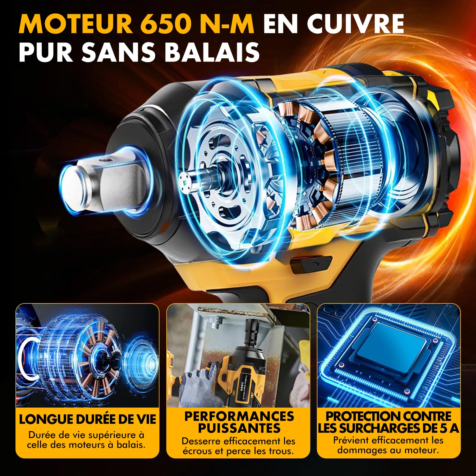 Boulonneuse à Choc Sans Fil, 650 N.m Clé à Choc Sur Batterie Sans Fil Brushless Avec 2x 4.0 Ah Batteries, 6 Douilles, 2800RPM 5 Vitesses Visseuse A Choc Avec LumièRe Led Pour La Voiture Et La Maison