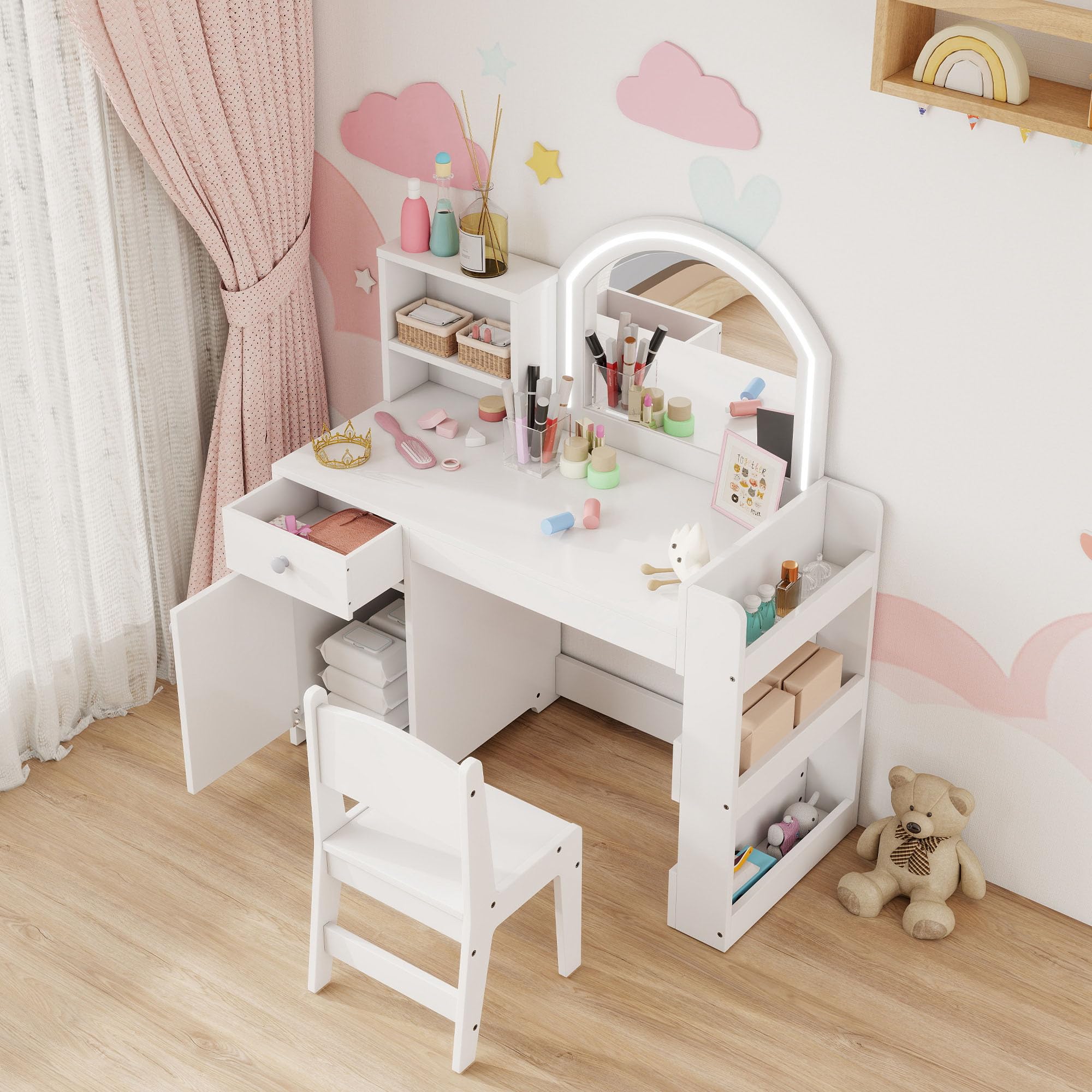 AIYAPLAY Tocador de Maquillaje Niña, Tocador Infantil con Taburete y Espejo con Luces LED, 1 Cajón, Armario y 5 Estantes, para Niños de 3 a 8 Años, Blanco