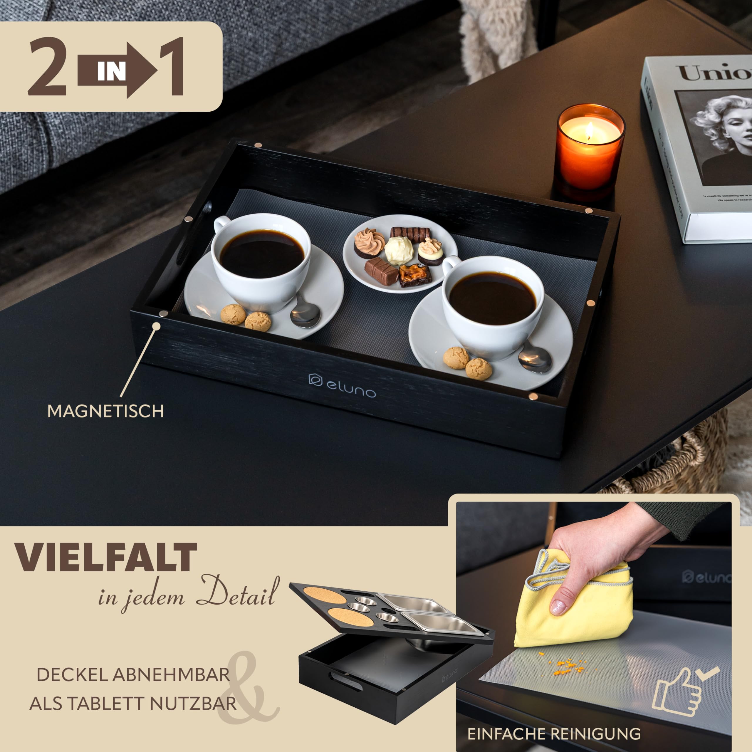 eluno Couchbar mit abnehmbarem, magnetischem Deckel, Serviertablett, inklusive 2 Snackschalen, 3 Dipschälchen, 2 Getränkehalter mit Korkuntersetzer,1 Flaschenöffner aus Bambus (Schwarz)