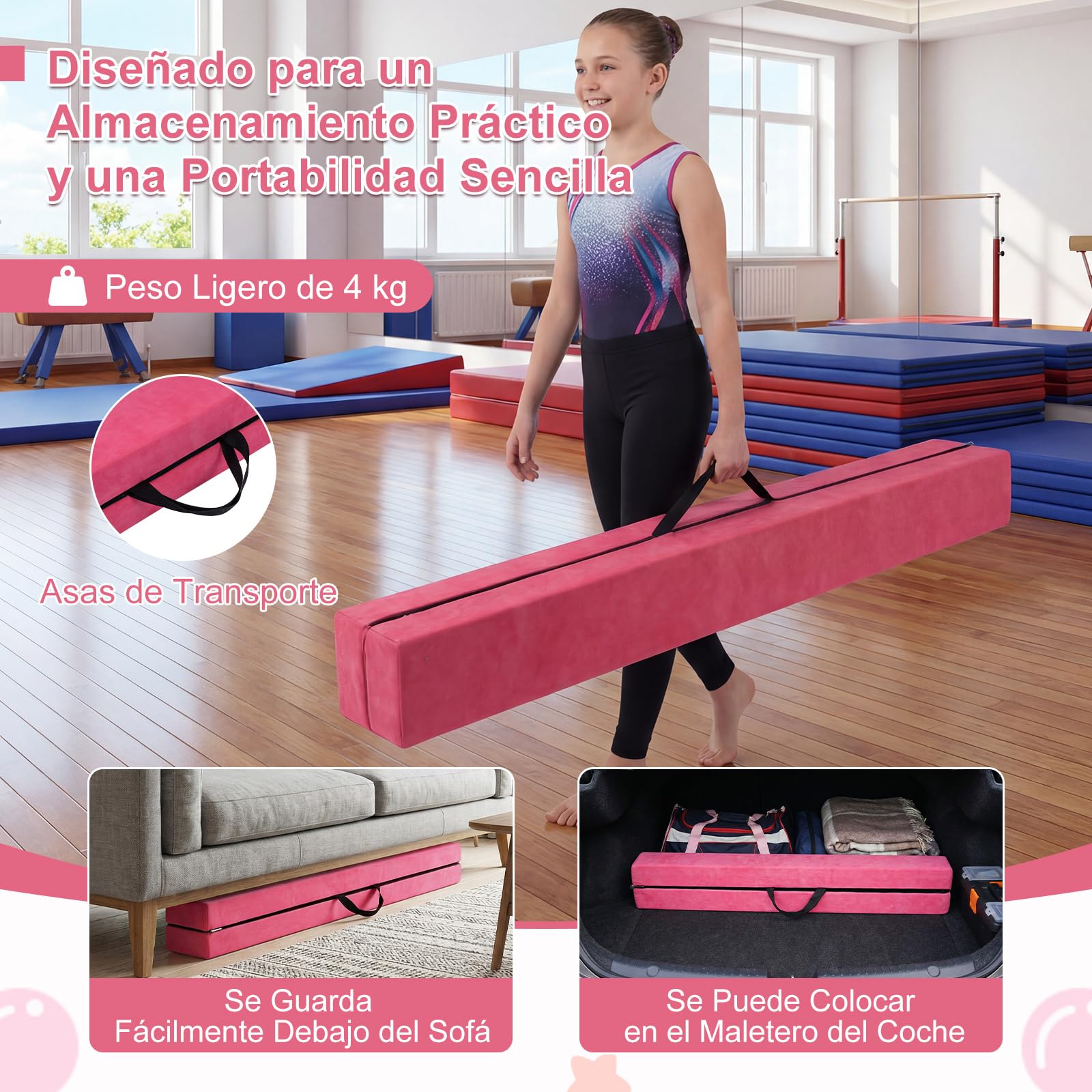 COSTWAY Barra de Equilibrio Gimnasia 210 cm, Viga Plegable con Empuñaduras para Niños