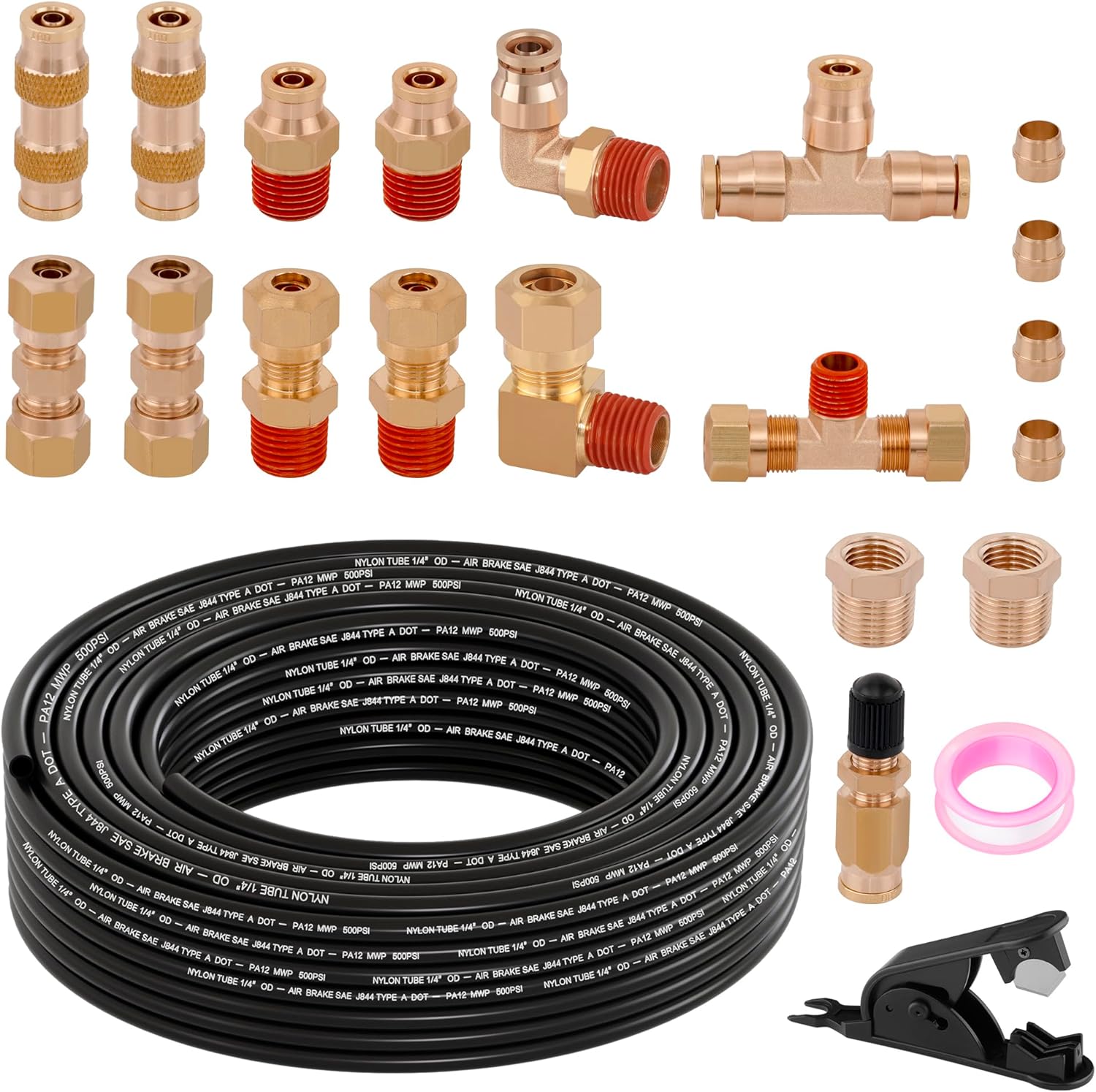 22pcs 50FT 1/4 DOT Air Line Brass Fittings Kit 1/4" OD Quick Push to Connect Fittings Compression Fittings 1/4 SAE J844 PA12 Nylon Air Hose Tubing for Industrial & Truck Air Brake System