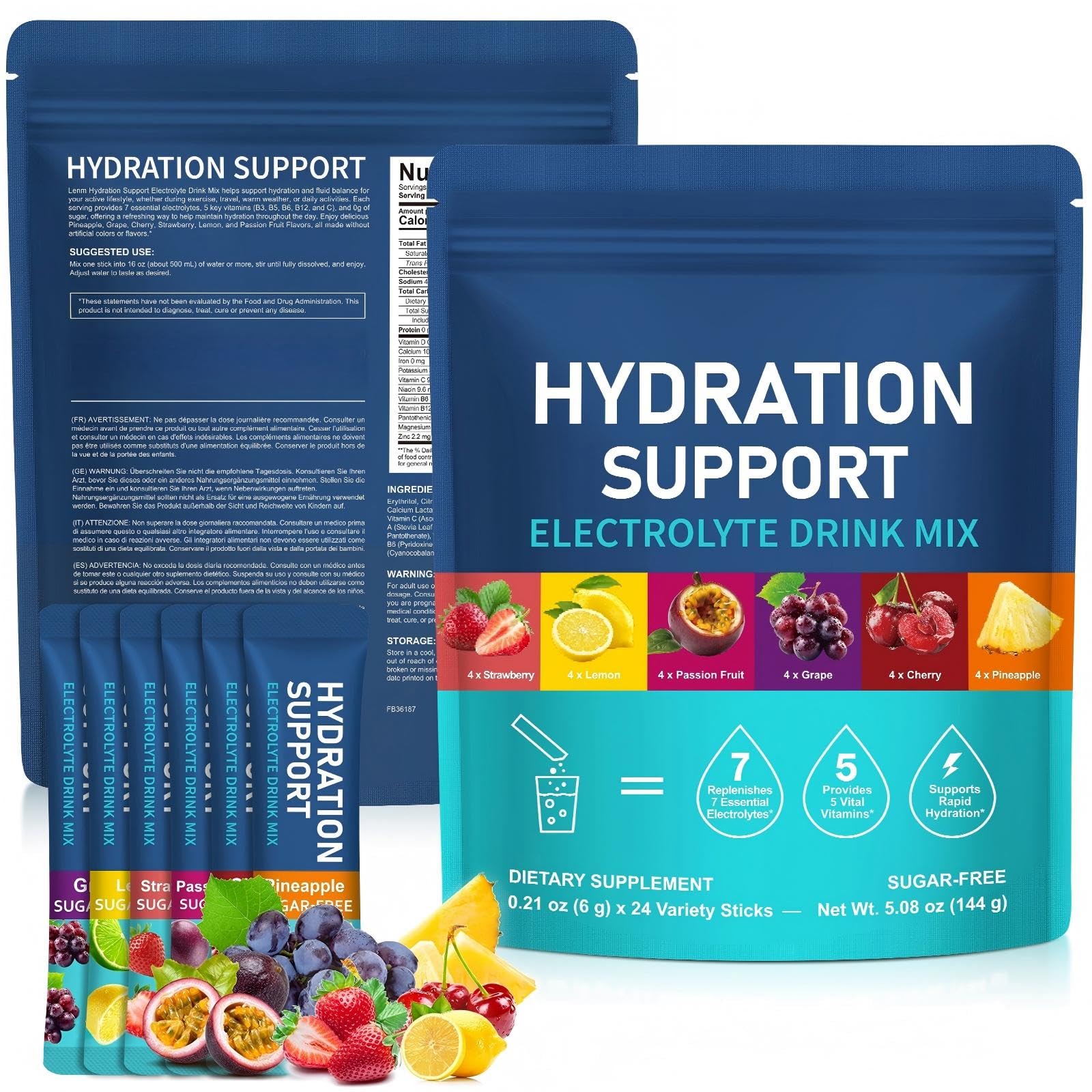 Elektrolyte Pulver Hydration 24 Beutel, 7 Essenzielle Mineralstoffe & 5 Vitamine,Elektrolyt Pulver schnelle Flüssigkeitszufuhr, Zuckerfreie Hydratationspäckchen 6 Geschmacksrichtungen