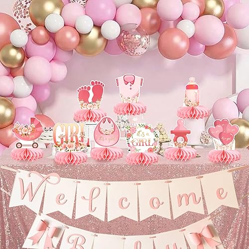 Vista 4 de 9 piezas de centros de mesa con diseño de panal "It's a Girl" para fiesta de cumpleaños, centros de mesa para baby shower, tema de revelación de Rosa