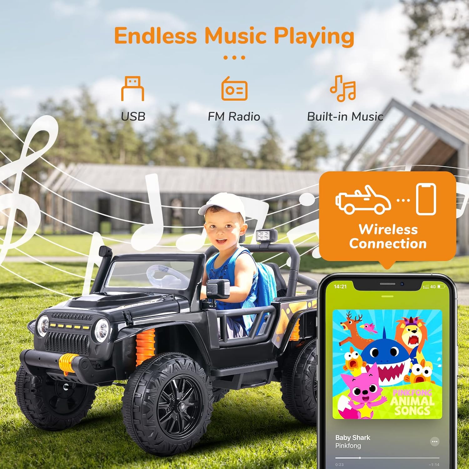 Image showing a child in the ride-on car with icons for USB, FM Radio, Built-in Music, and Wireless Connection, indicating music playing features.