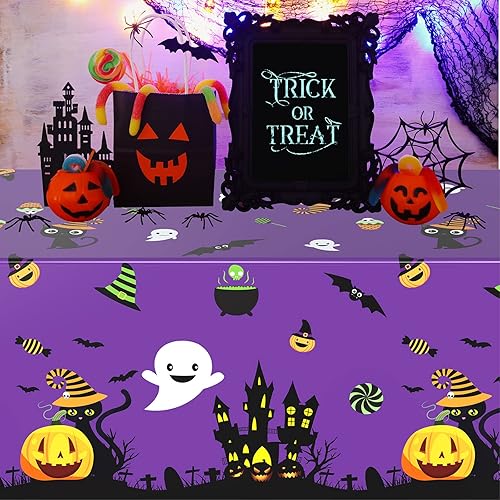 Miniatura 4 de Remerry Mantel de Halloween desechable de plástico rectangular con castillo, murciélago y calabaza, suministros de decoración de cumpleaños para